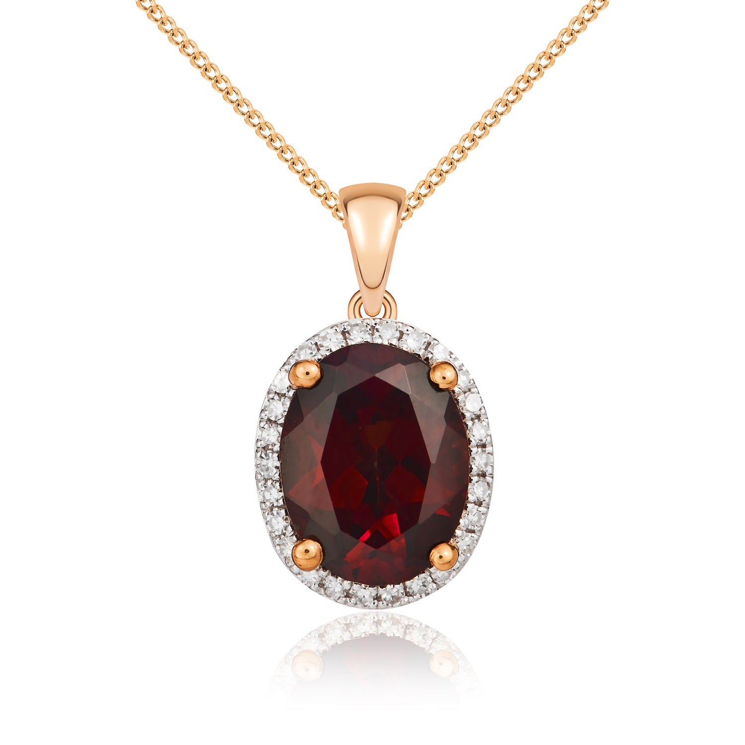 9ct Rose Gold 9x7 Oval Garnet & Diamond Claw Set Cluster Pendant Rhodium to Diamonds
