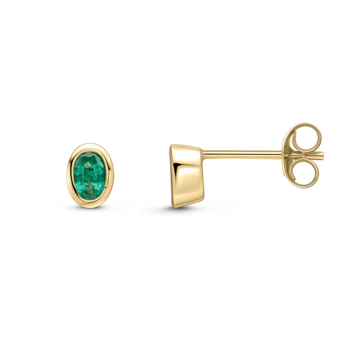 9ct Yellow Gold 4x3 Oval Emerald Rubover Set Earrings