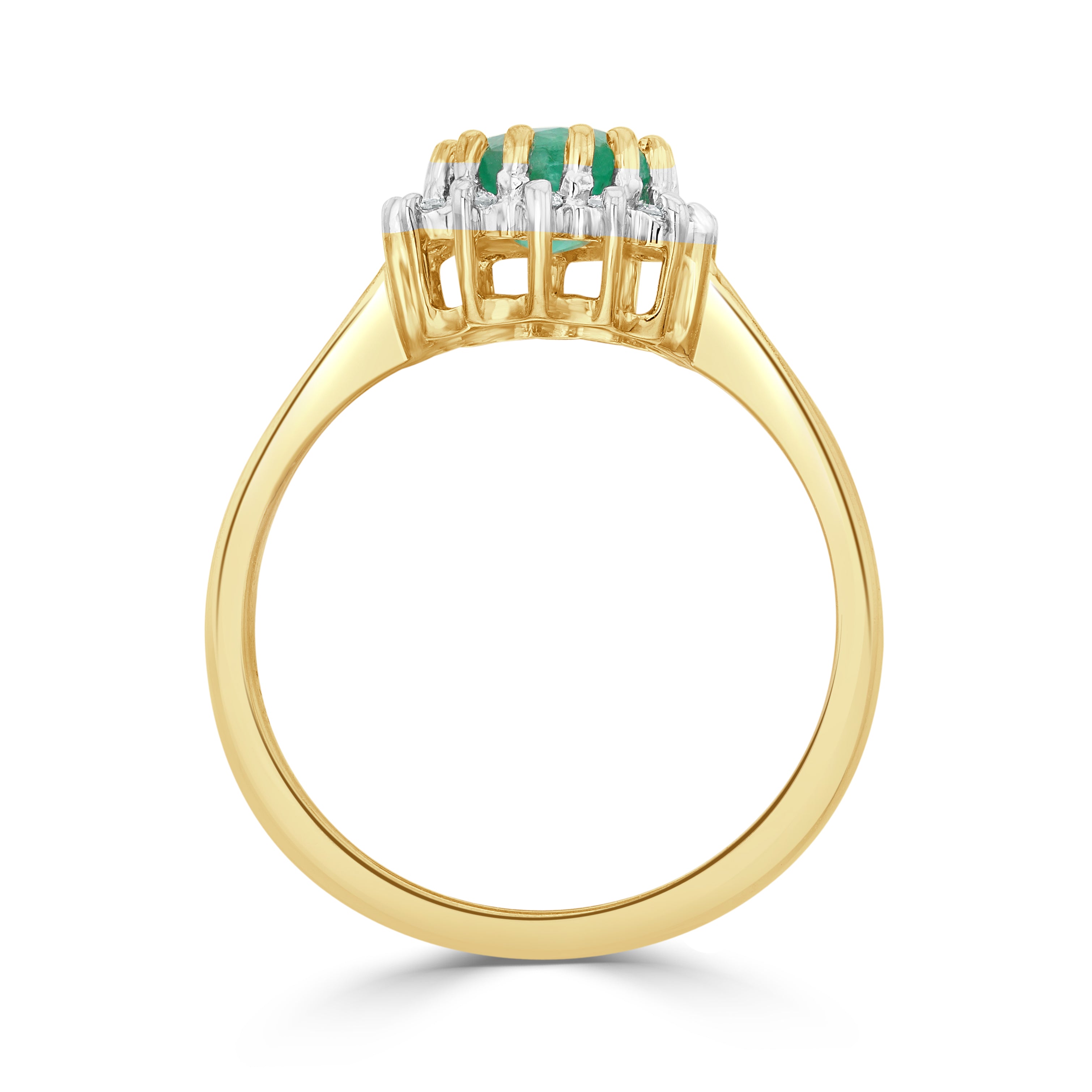 9CT YG 8X6 OVAL EMERALD & DIAMOND CLAW SET CLUSTER RING. RHODIUM TO DIAMONDS 1