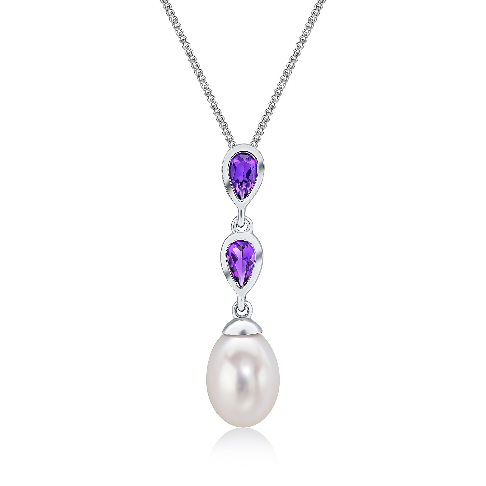 9ct White Gold Pearl & Double Pear Shape Amethyst Pendant