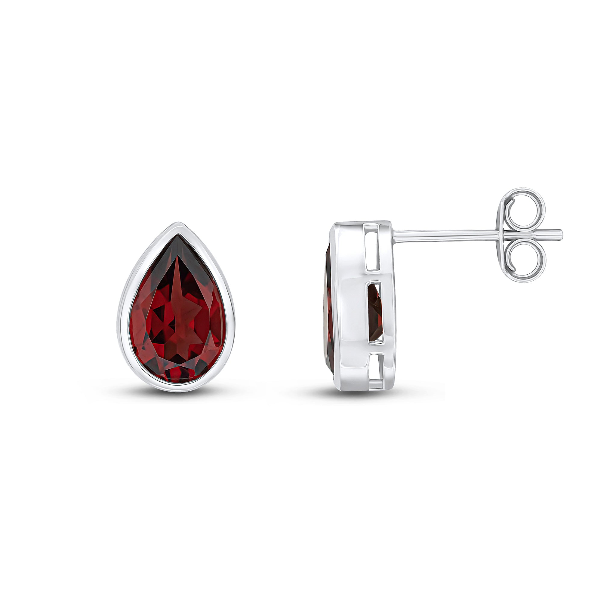 9ct White Gold 9x6 Pear Shape Garnet Rubover Earrings