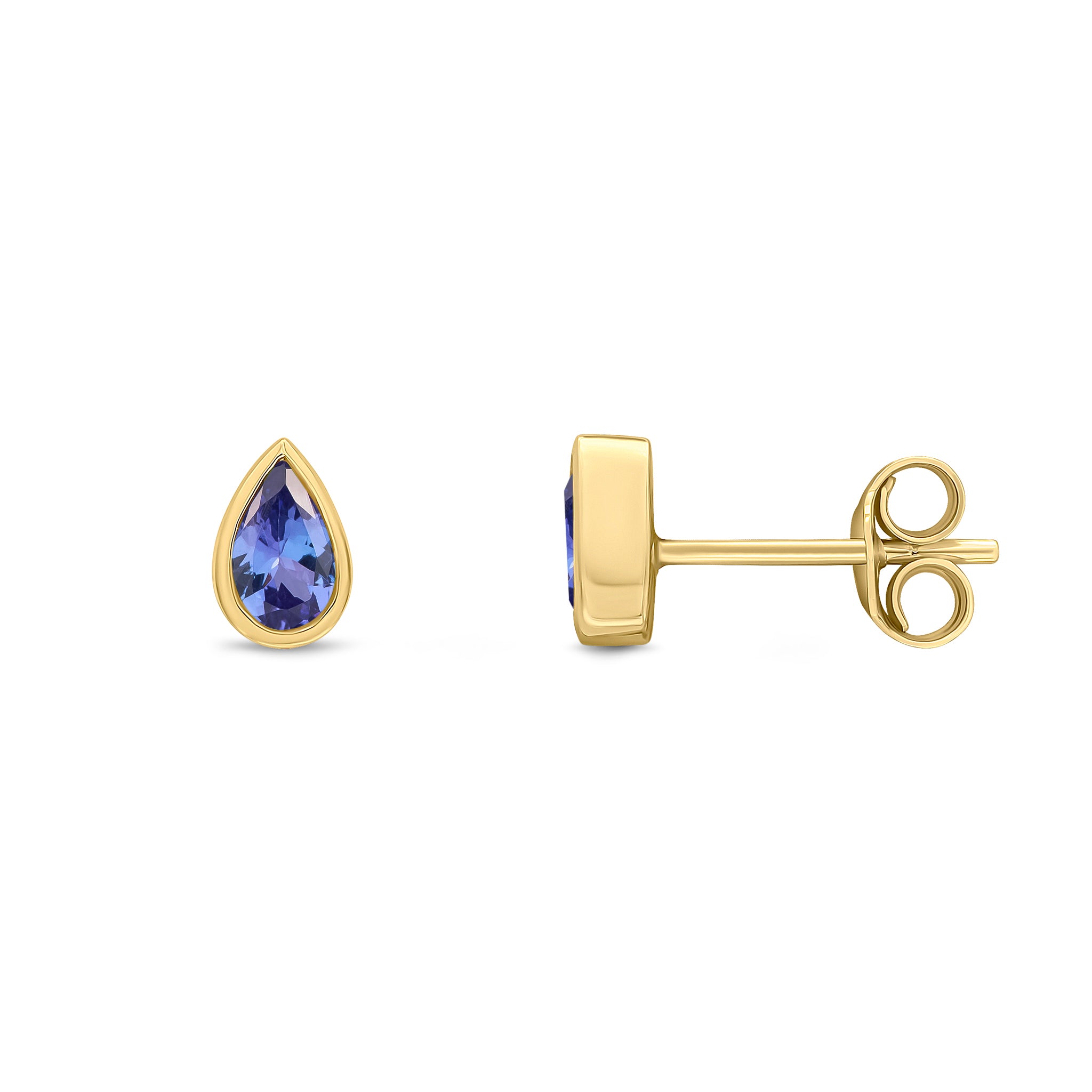 9ct Yellow Gold 5x3 Pear Shape Tanzanite Rubover Set Earrings