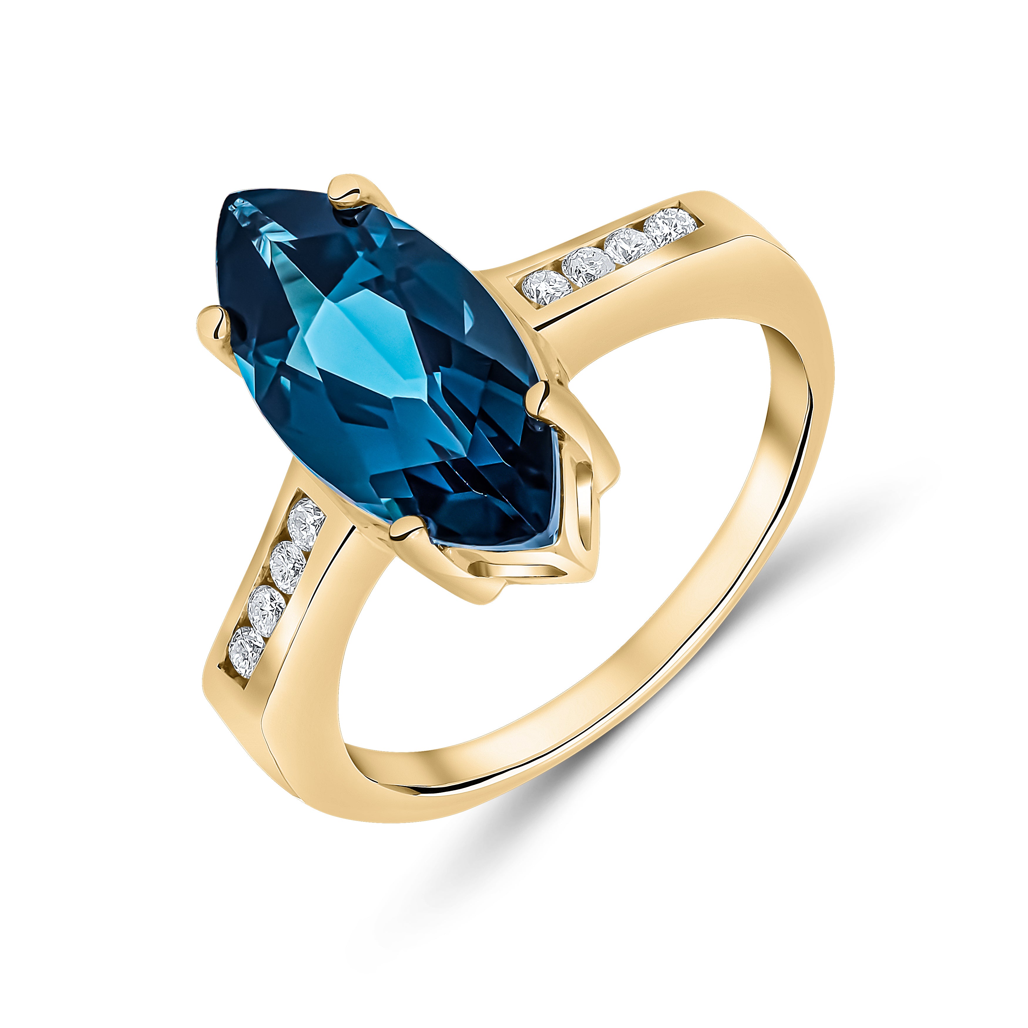 9CT YG 15X7 MARQUISE LONDON BLUE TOPAZ SINGLE STONE RING WITH CHANNEL SET DIAMOND SHOULDERS 1
