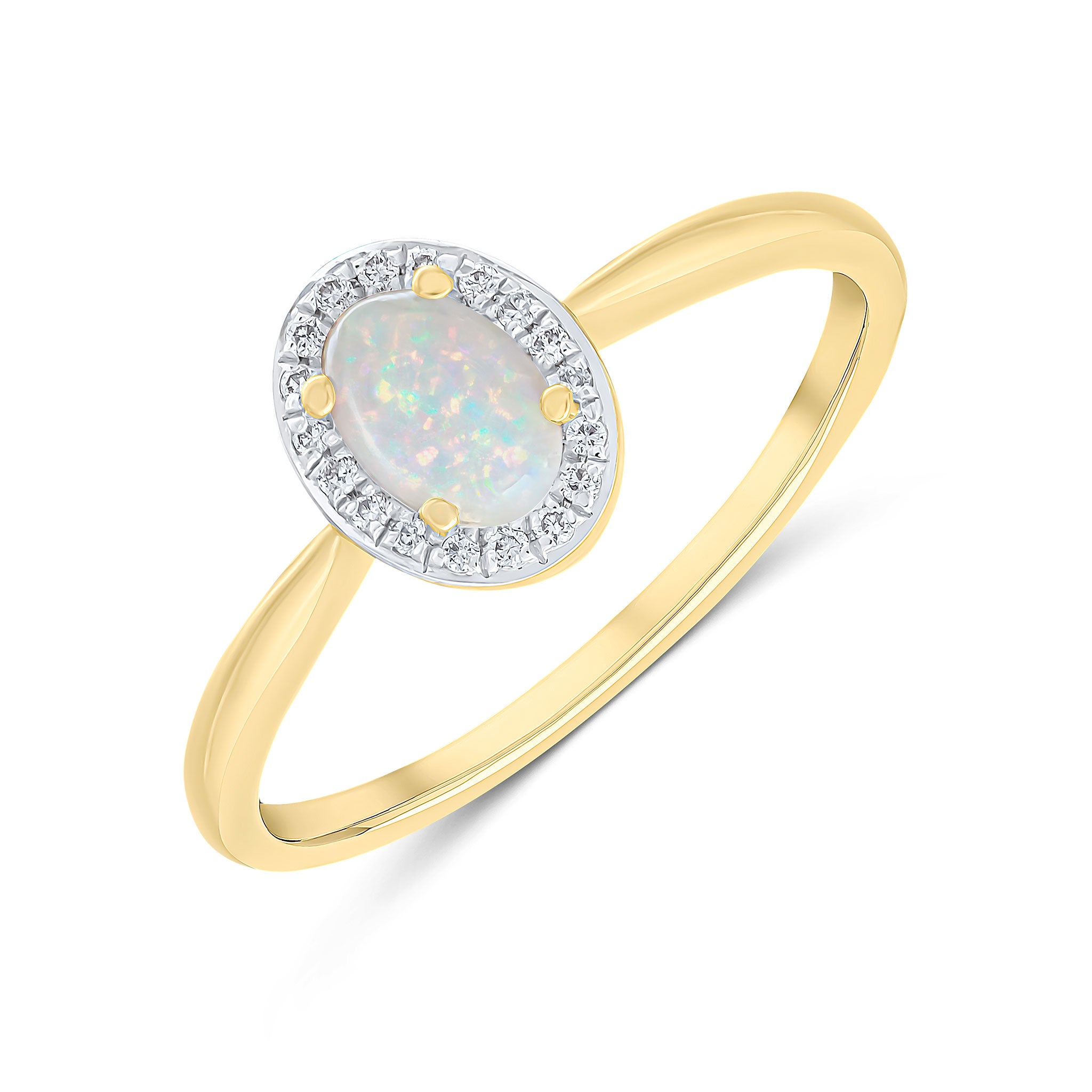 18ct Yellow Gold Claw Set 6x4 Oval Opal & Grain Set Round Diamond Cluster Ring Rhodium to Diamonds