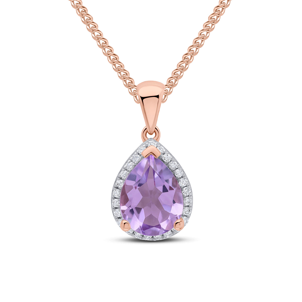 9ct Rose Gold 9x7 Pear Shape Pink Amethyst & Diamond Cluster Pendant