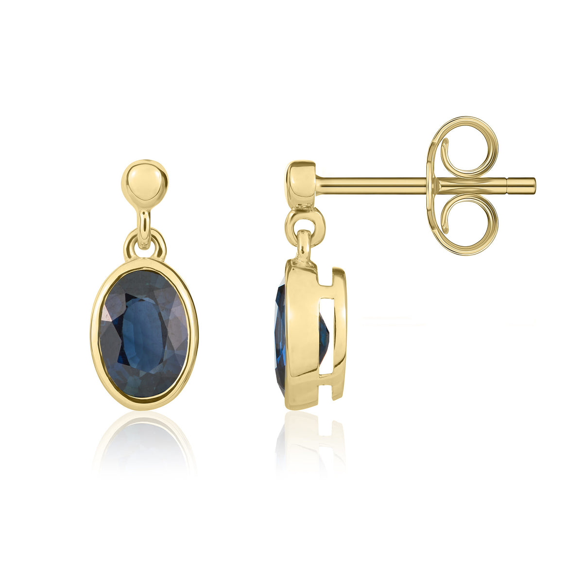 9ct Yellow Gold 6x4 Oval Sapphire Rubover Drop Earrings with 2.5mm Bead Top