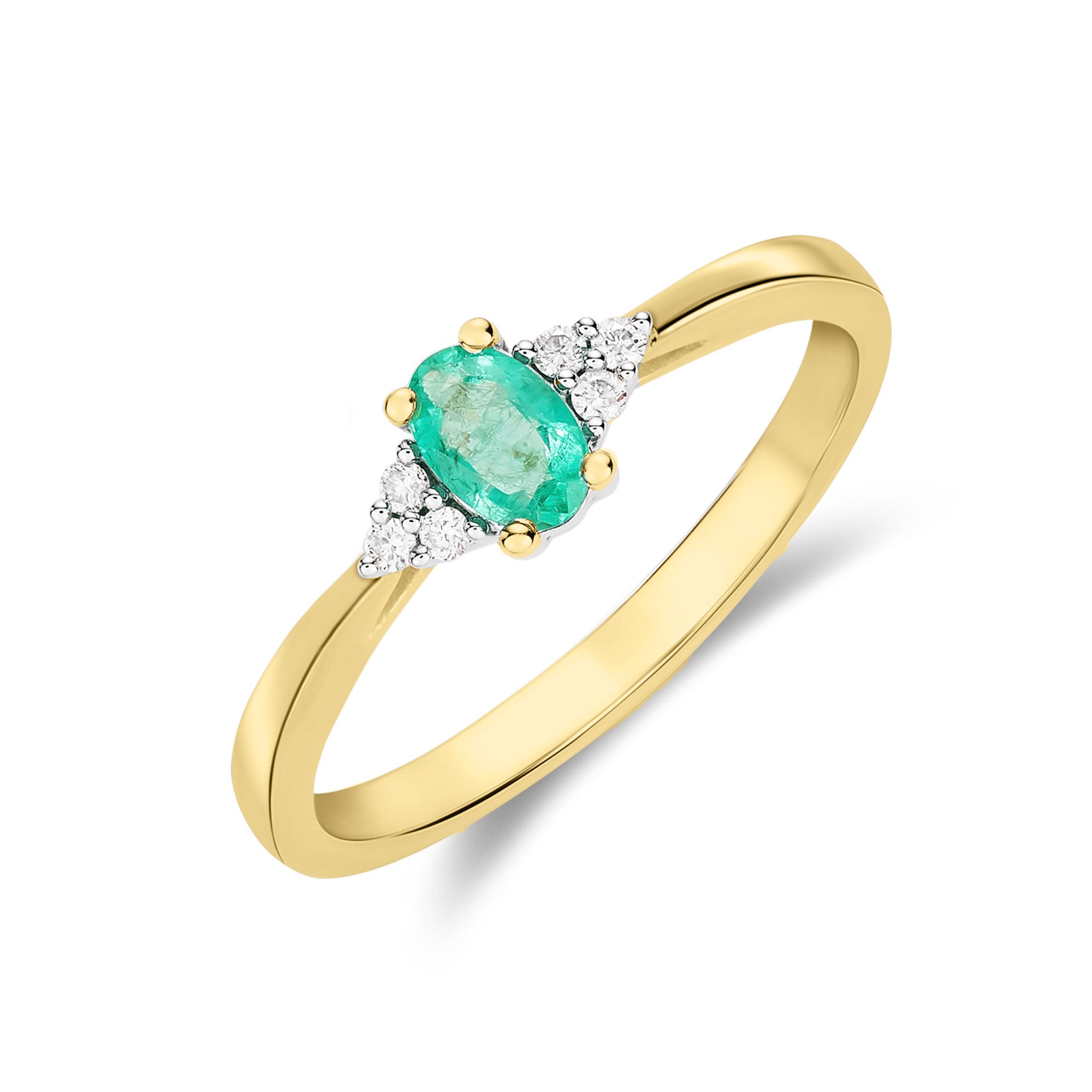 9ct Yellow Gold Oval Emerald and Diamond Trefoil Shoulders Claw Set Ring