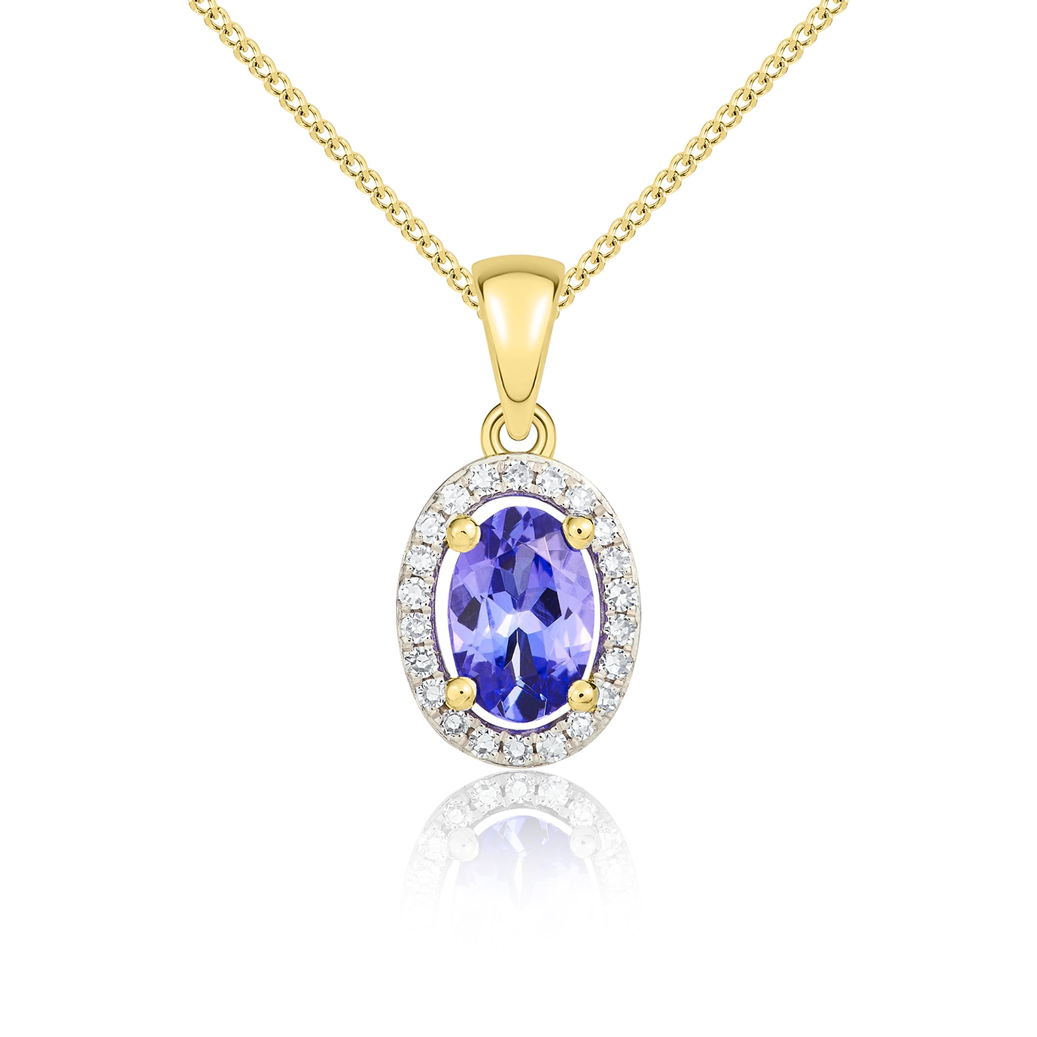 9ct Yellow Gold 6x4 Oval Tanzanite and Round Diamond Halo Cluster Pendant with Plain Loop Rhodium to Diamonds