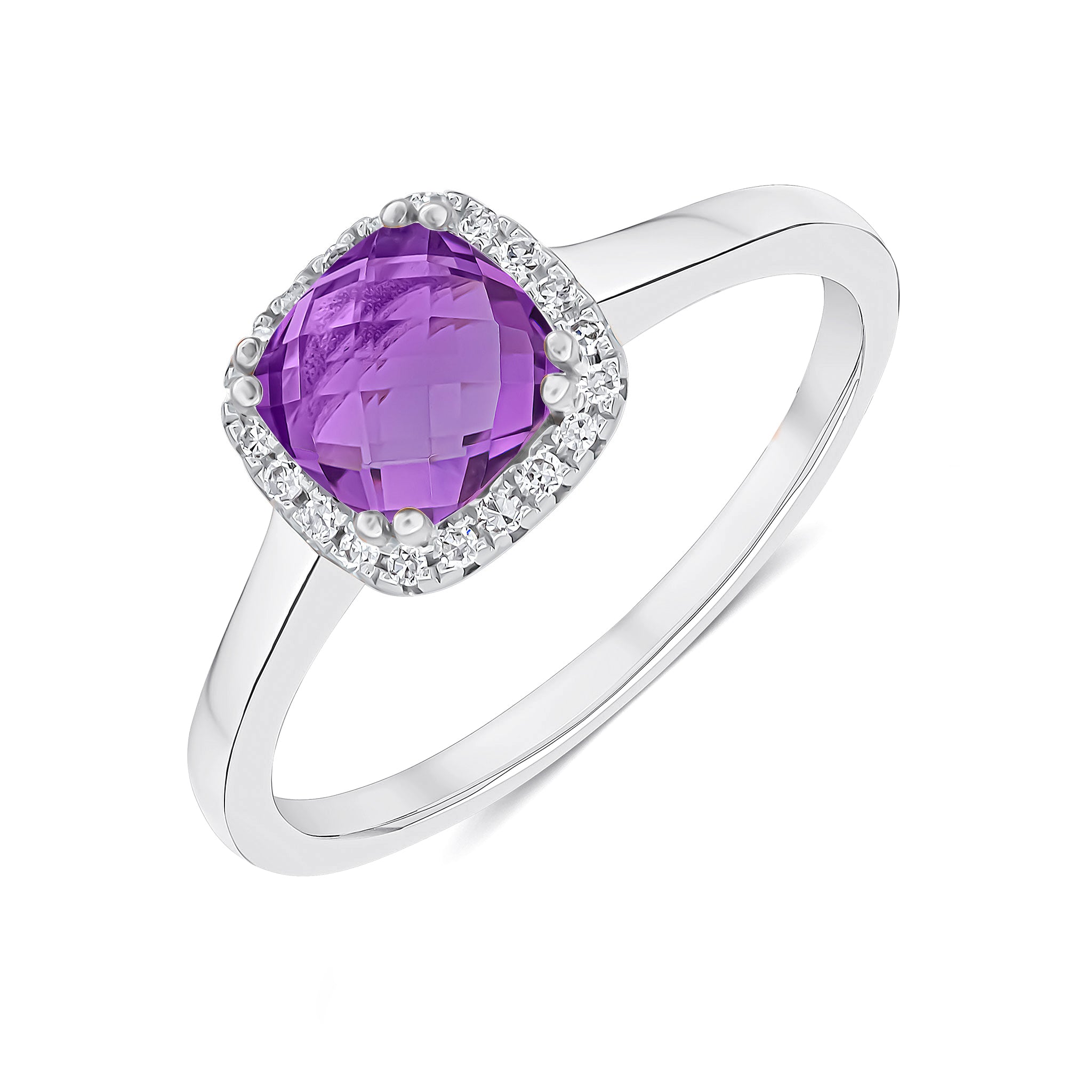 9ct White Gold 6mm Checkerboard Cut Cushion Amethyst and Round Diamond Claw Set Cluster Ring