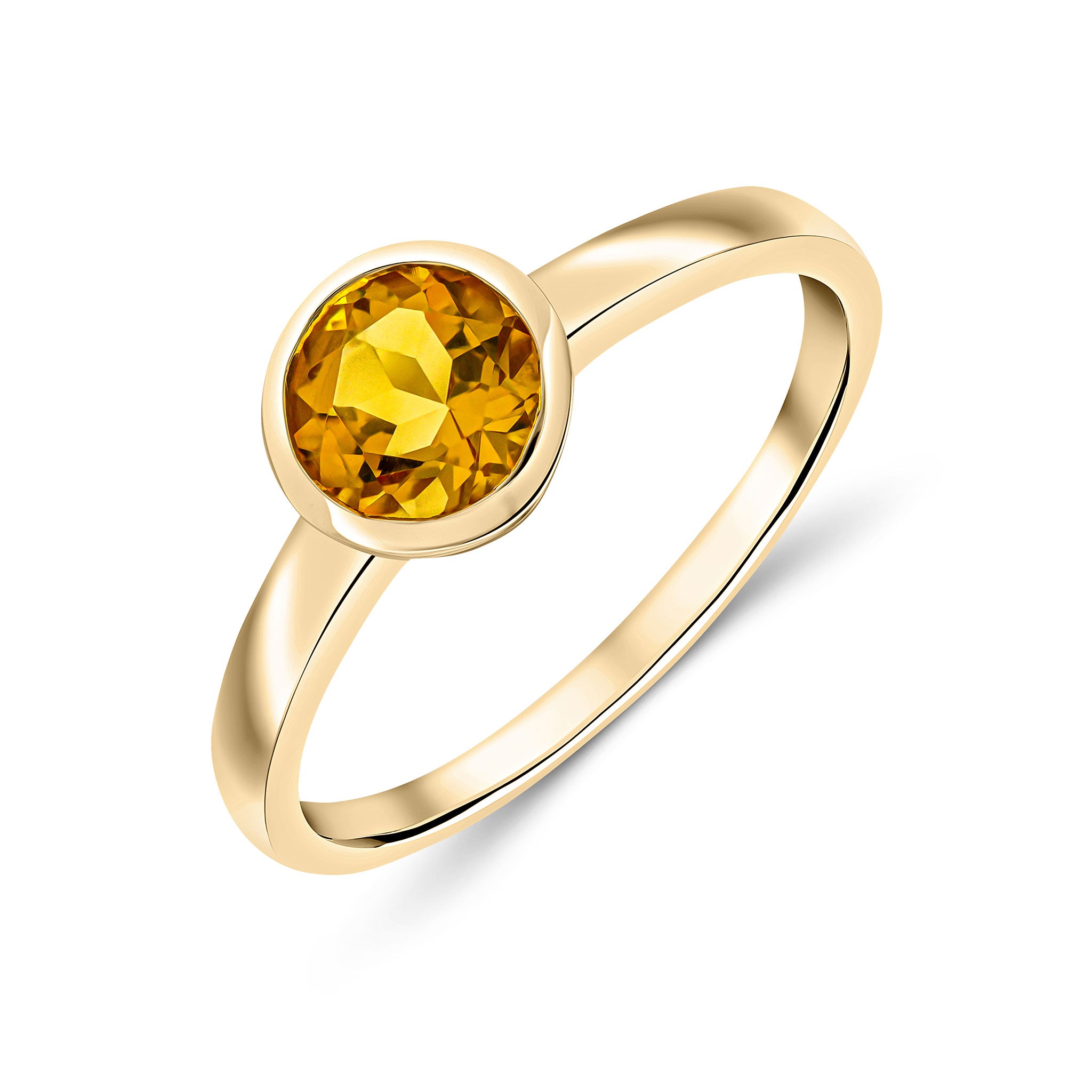 9ct Yellow Gold 6mm Round Citrine Rubover Single Stone Ring
