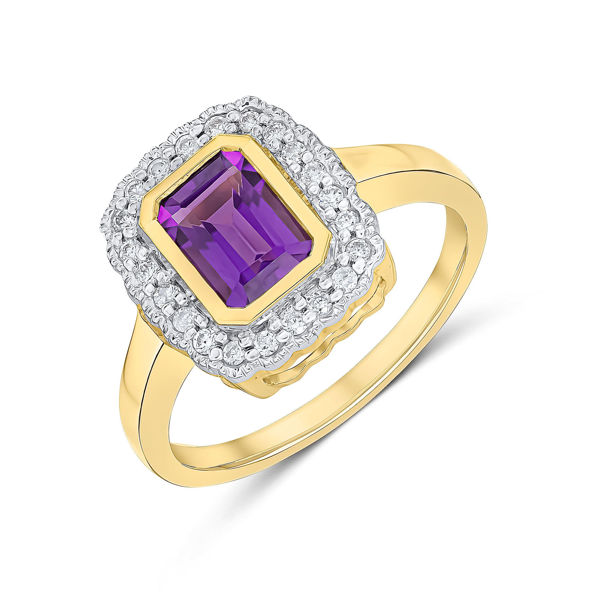 9ct Yellow Gold Rubover 7x5 Octagon Amethyst and Diamond Cluster Ring with Milgrain Edge Rhodium to Diamonds