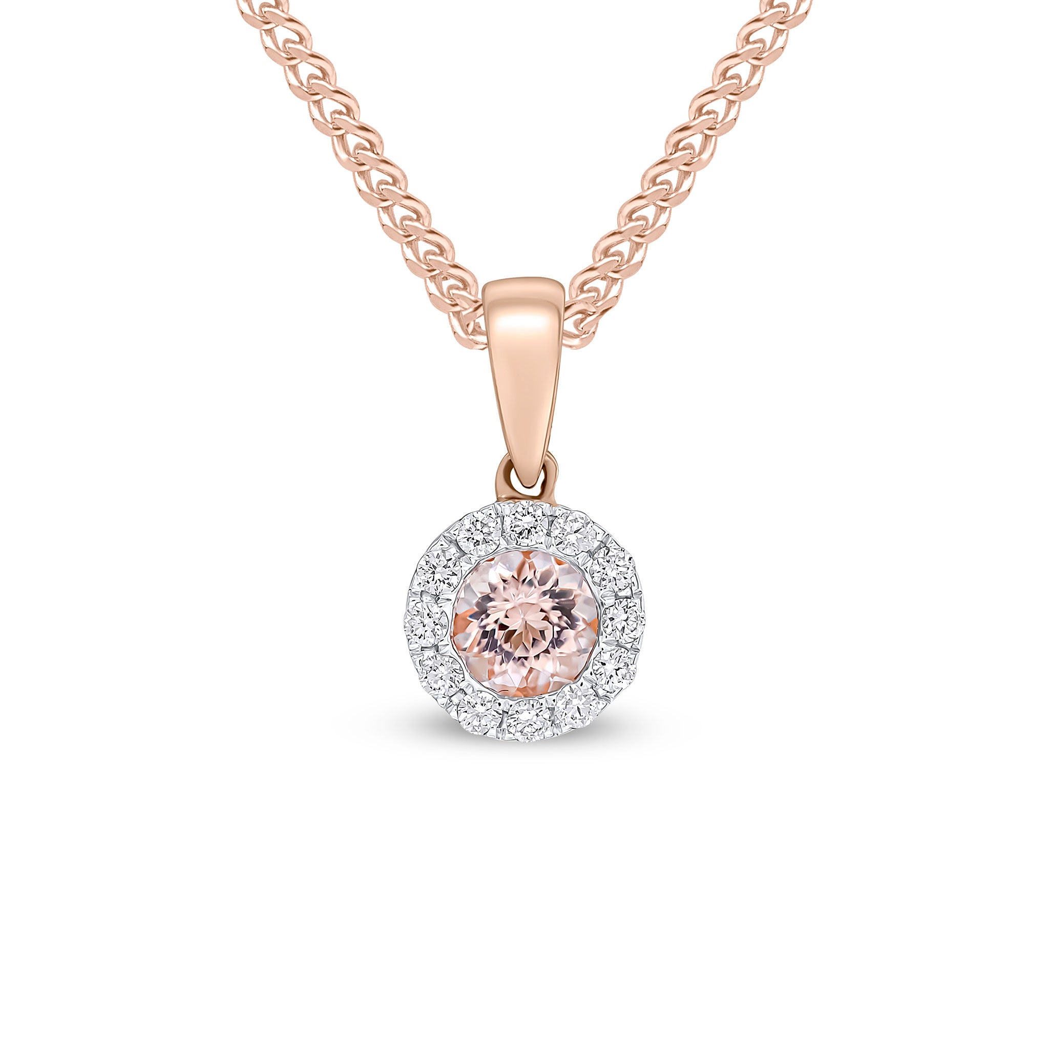 18ct Rose Gold 4mm Round Morganite & Diamond Microset Cluster Pendant with Plain Loop