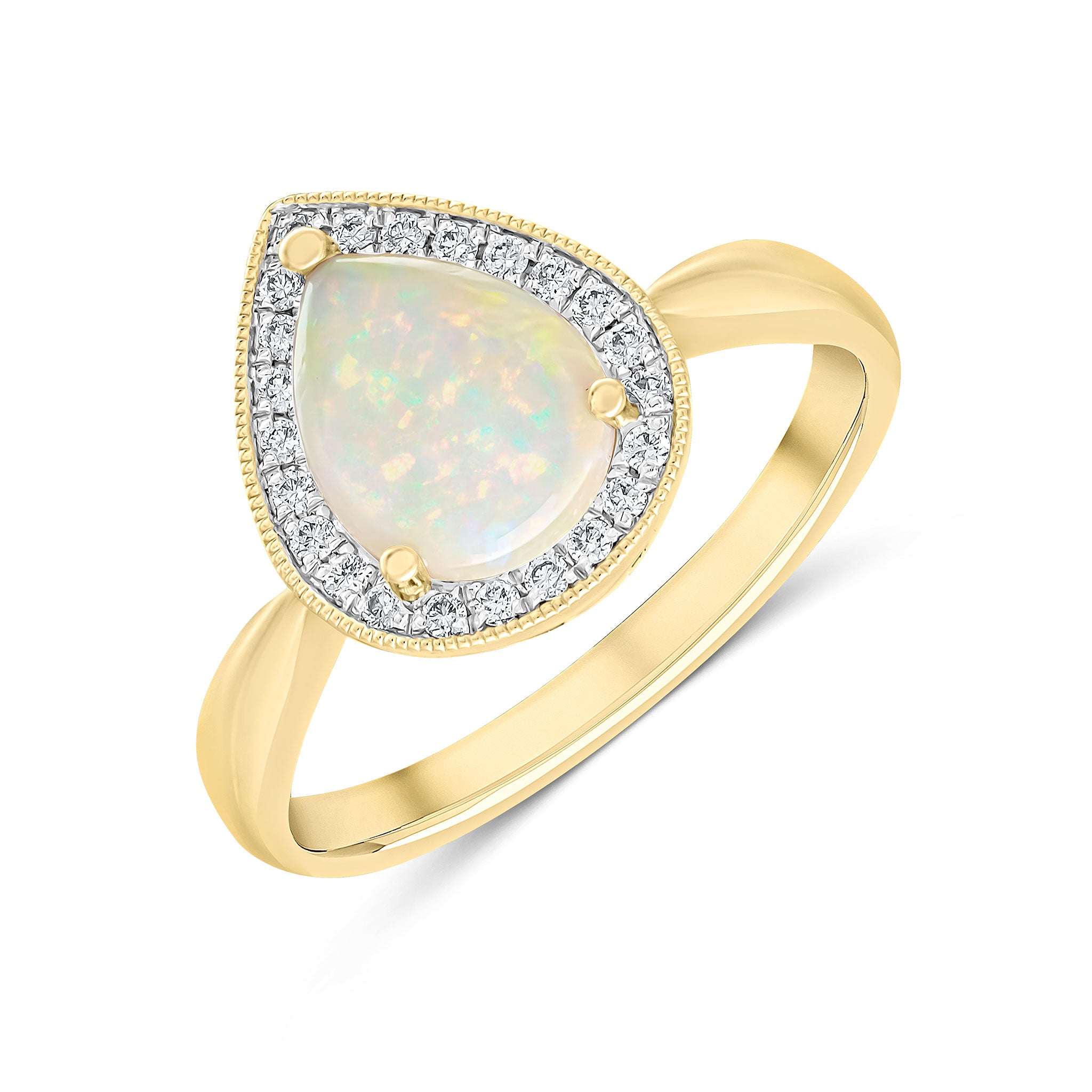 18ct Yellow Gold Claw Set 9x7 Pear Shape Opal & Round Diamond Cluster Ring Milgrain Edge