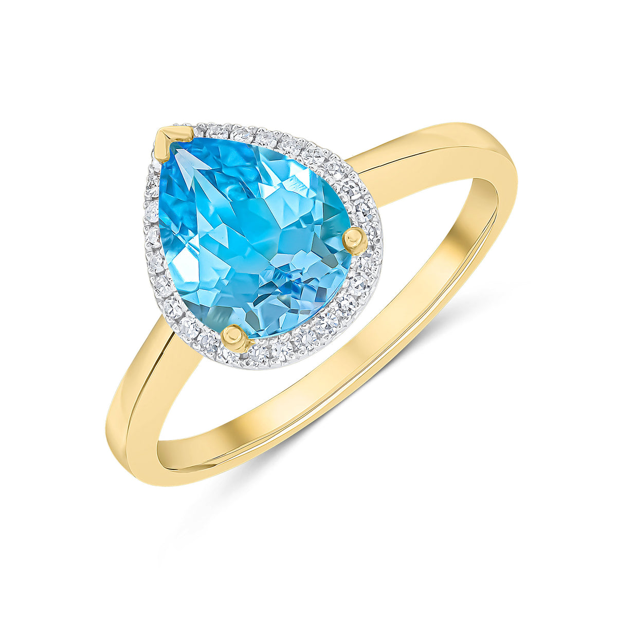 9ct Yellow Gold 9x7 Pear Shape Swiss Blue Topaz & Diamond Claw Set Cluster Ring Rhodium to Diamonds