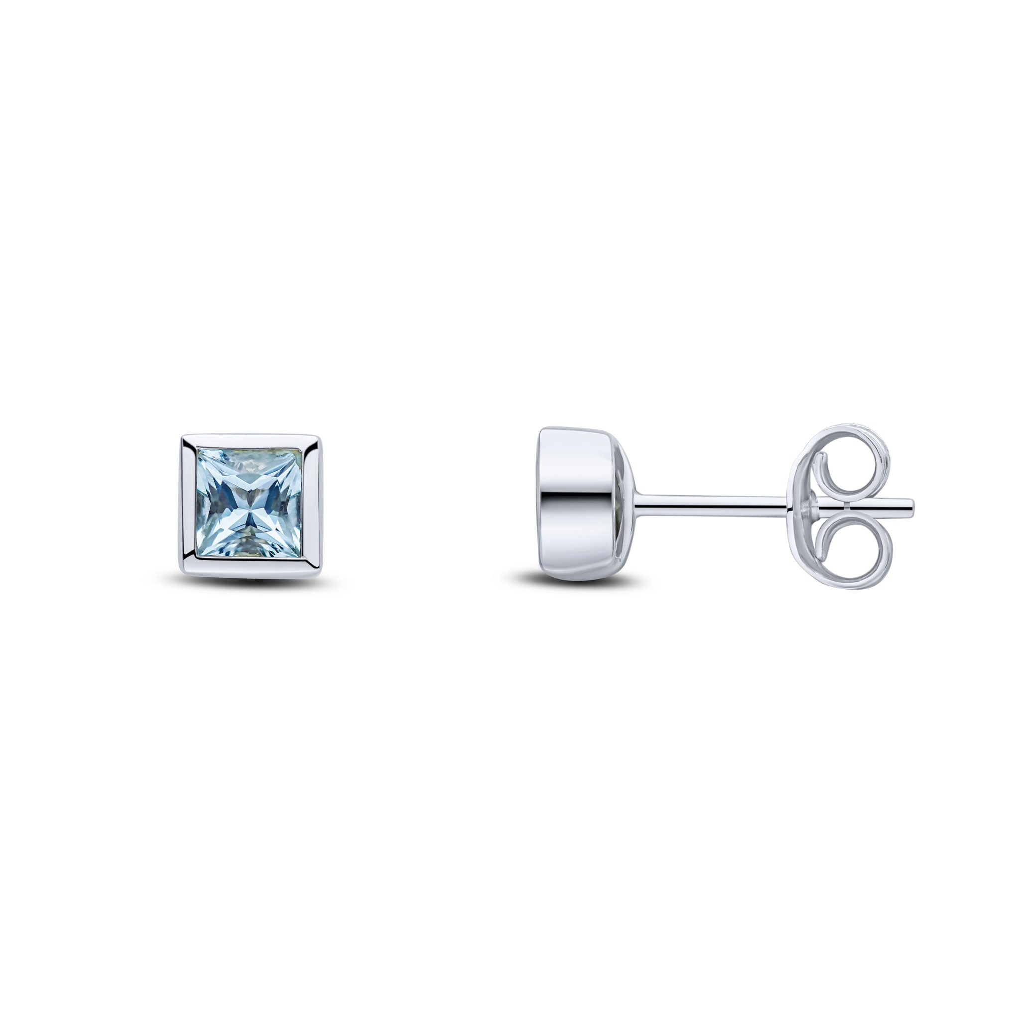 9ct White Gold 4mm Square Aquamarine Rubover Set Earrings