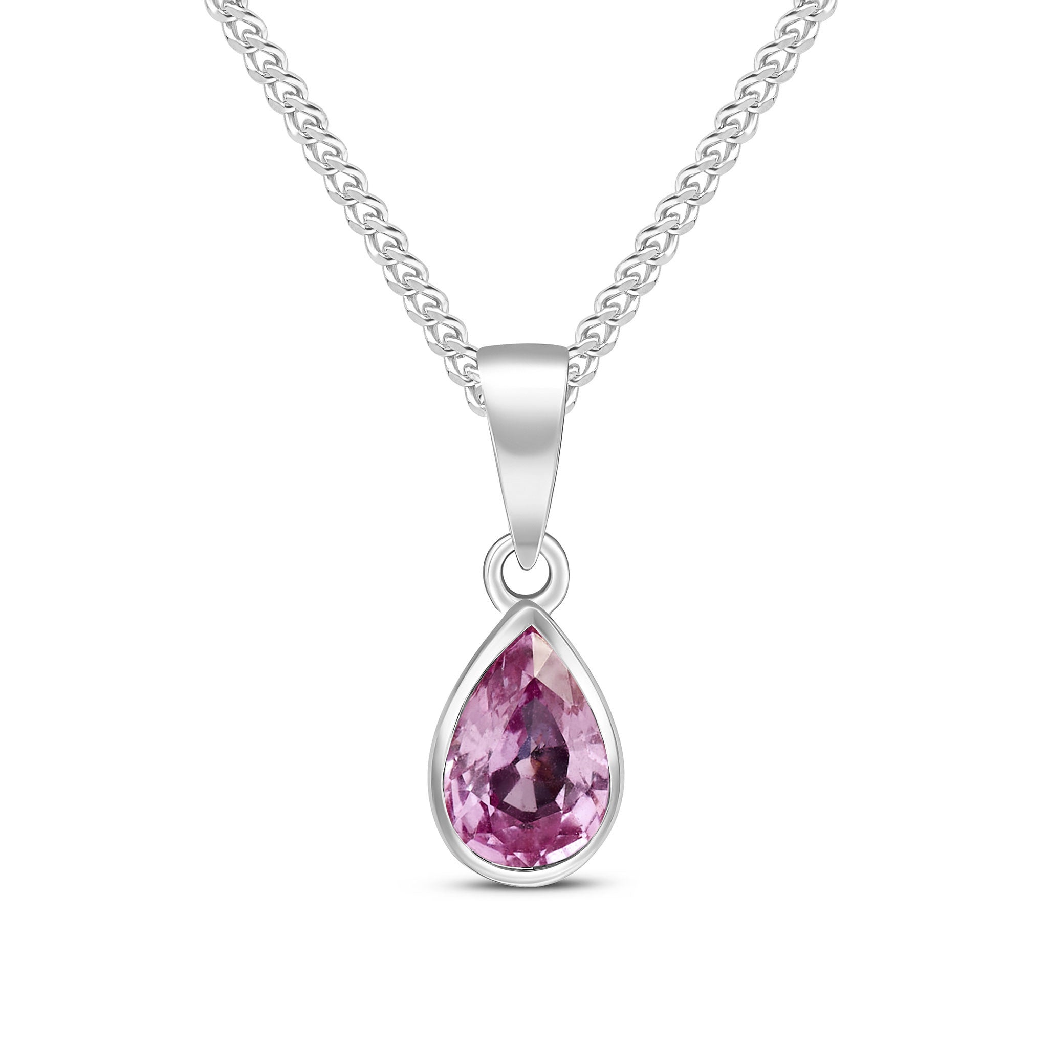 9ct White Gold 7x5 Pear Shape Pink Sapphire Rubover Pendant