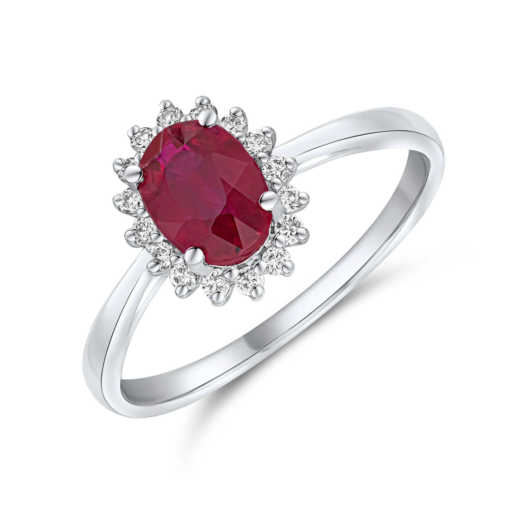 18ct White Gold 7x5 Oval Ruby & Diamond Claw Set Cluster Ring