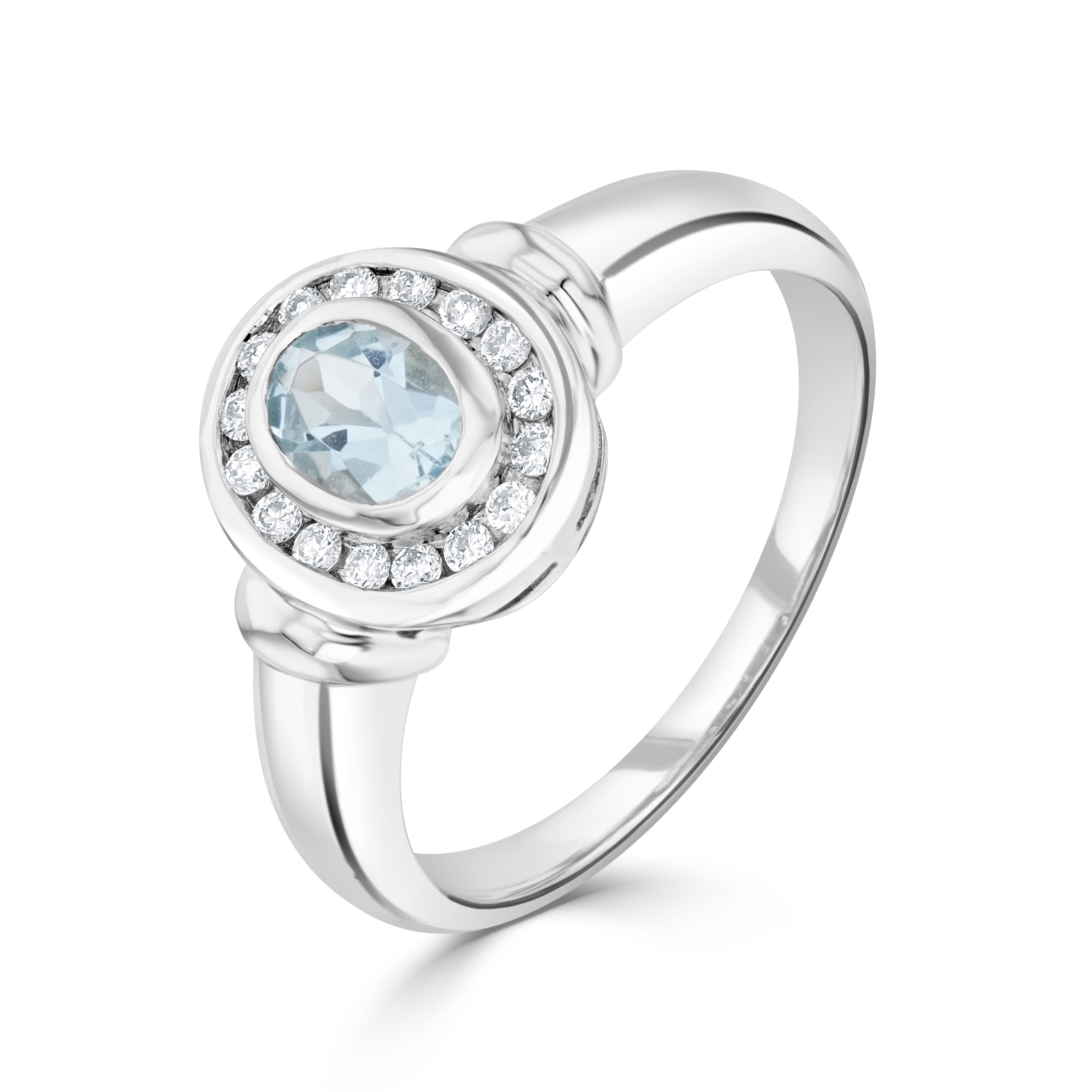 9ct White Gold Oval Aquamarine & Diamond Cluster Ring