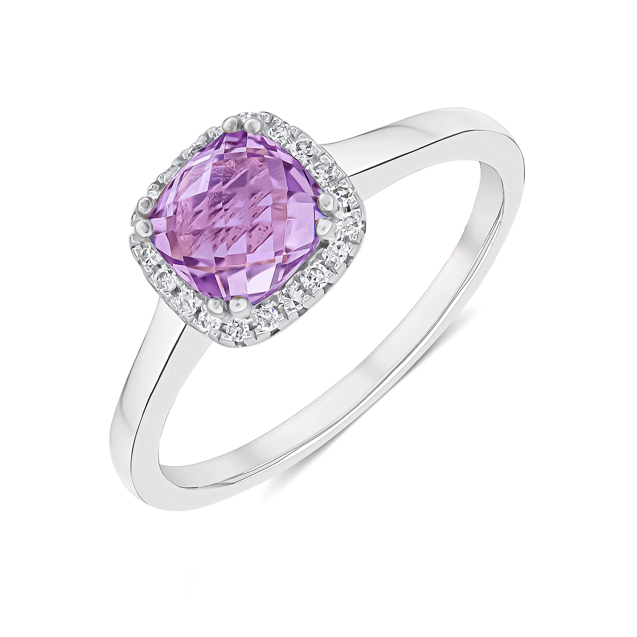 9CT WG 6MM CHECKERBOARD CUT CUSHION PINK AMETHYST & DIAMOND CLAW SET CLUSTER RING 1
