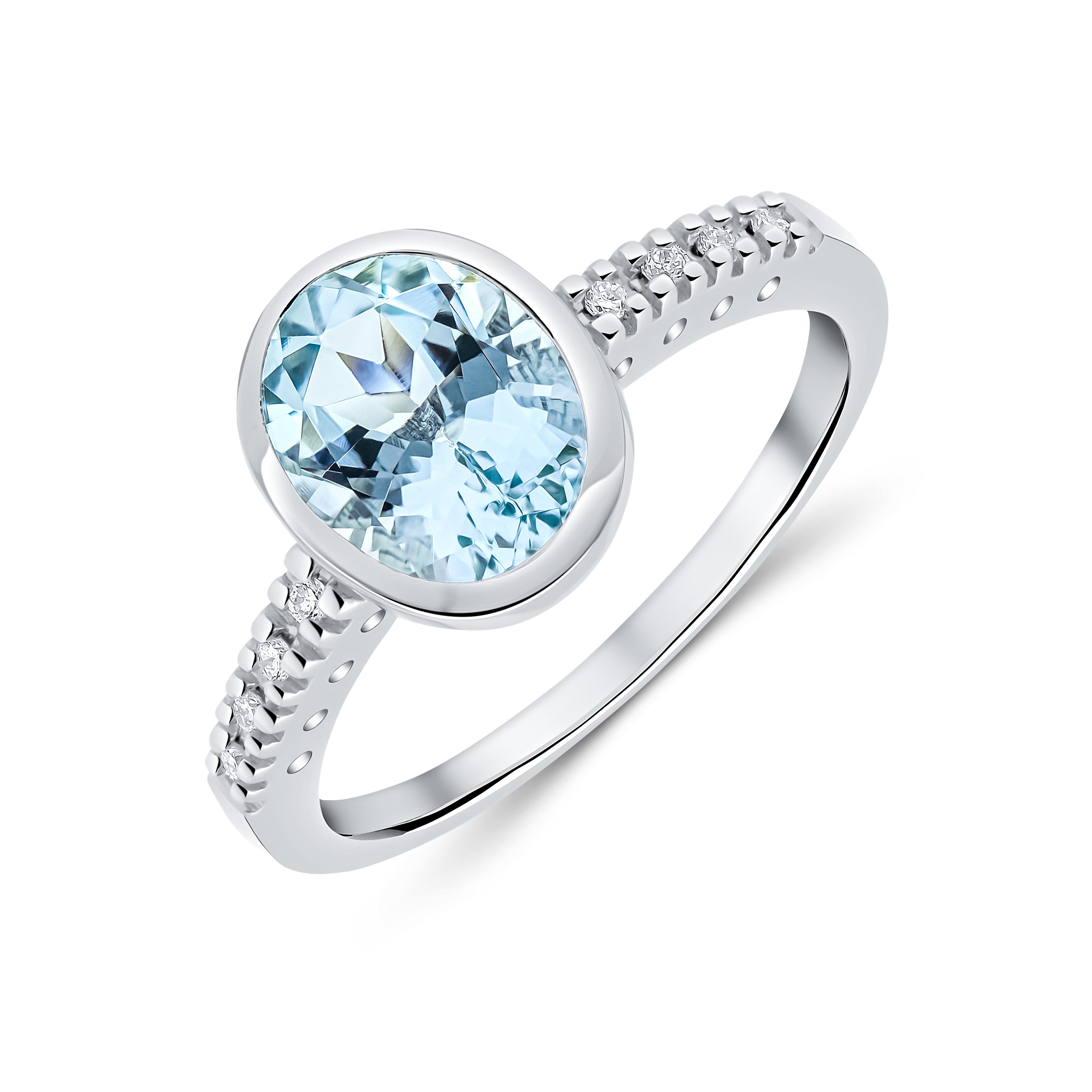 9CT WG RUBOVER 9X7 OVAL AQUA SINGLE STONE RING WITH CLAW SET DIAMOND SHOULDERS 1