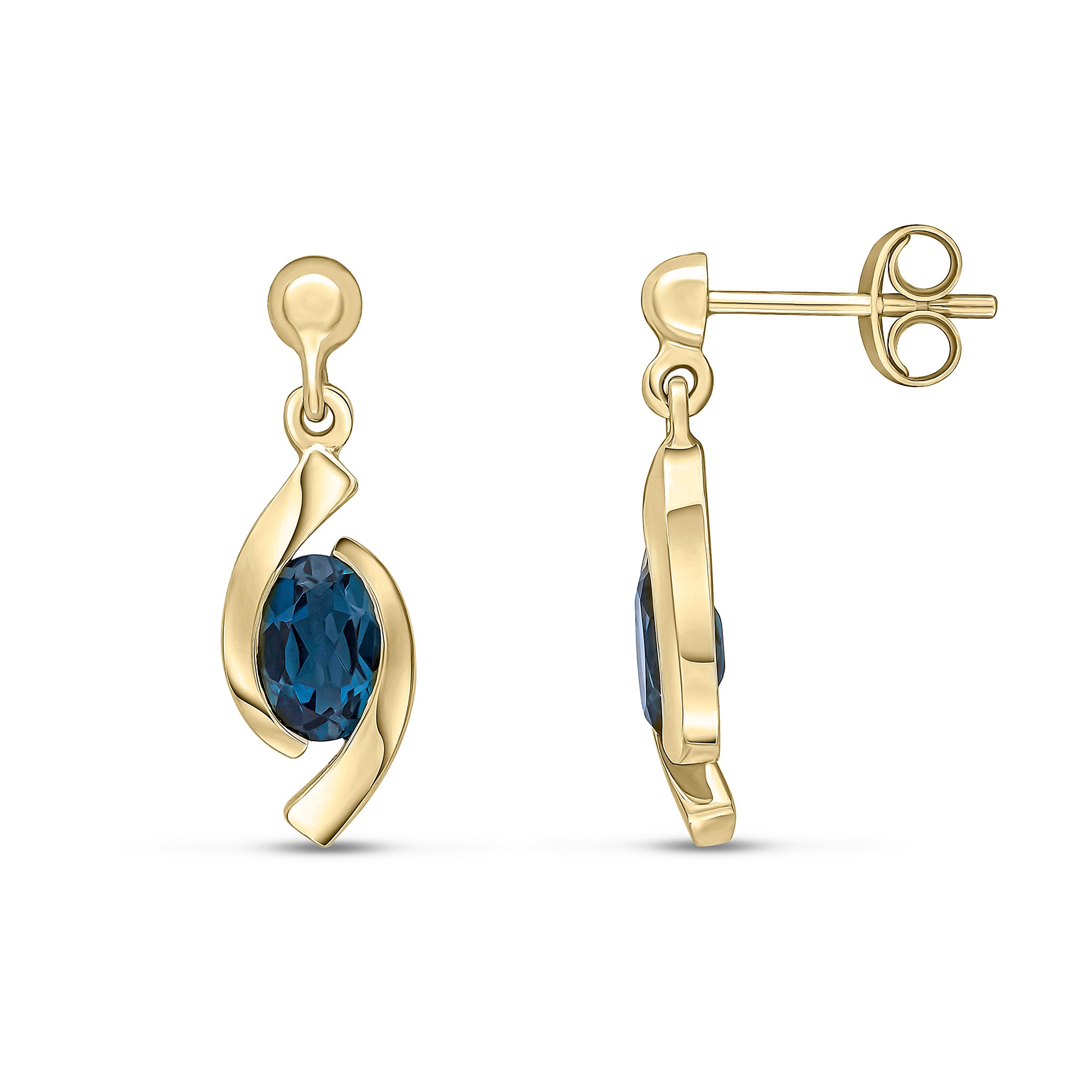9ct Yellow Gold Oval London Blue Topaz 'eye' Drop Earrings with 3mm Bead Top