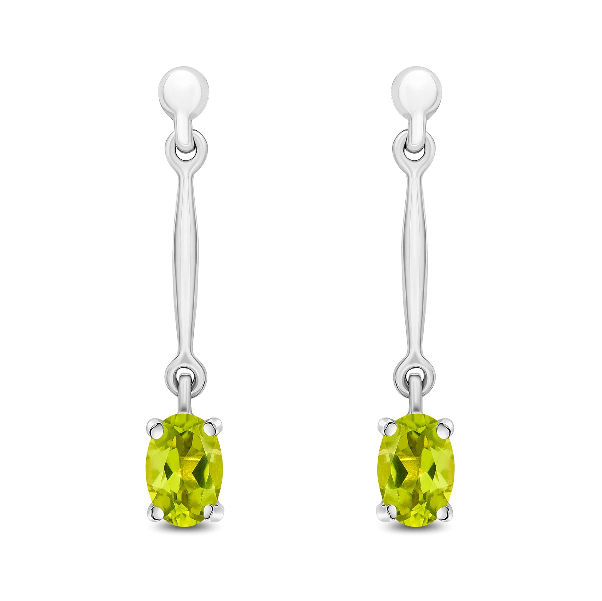 9ct White Gold Claw Set 6x4mm Oval Peridot and Bar Drop Earrings
