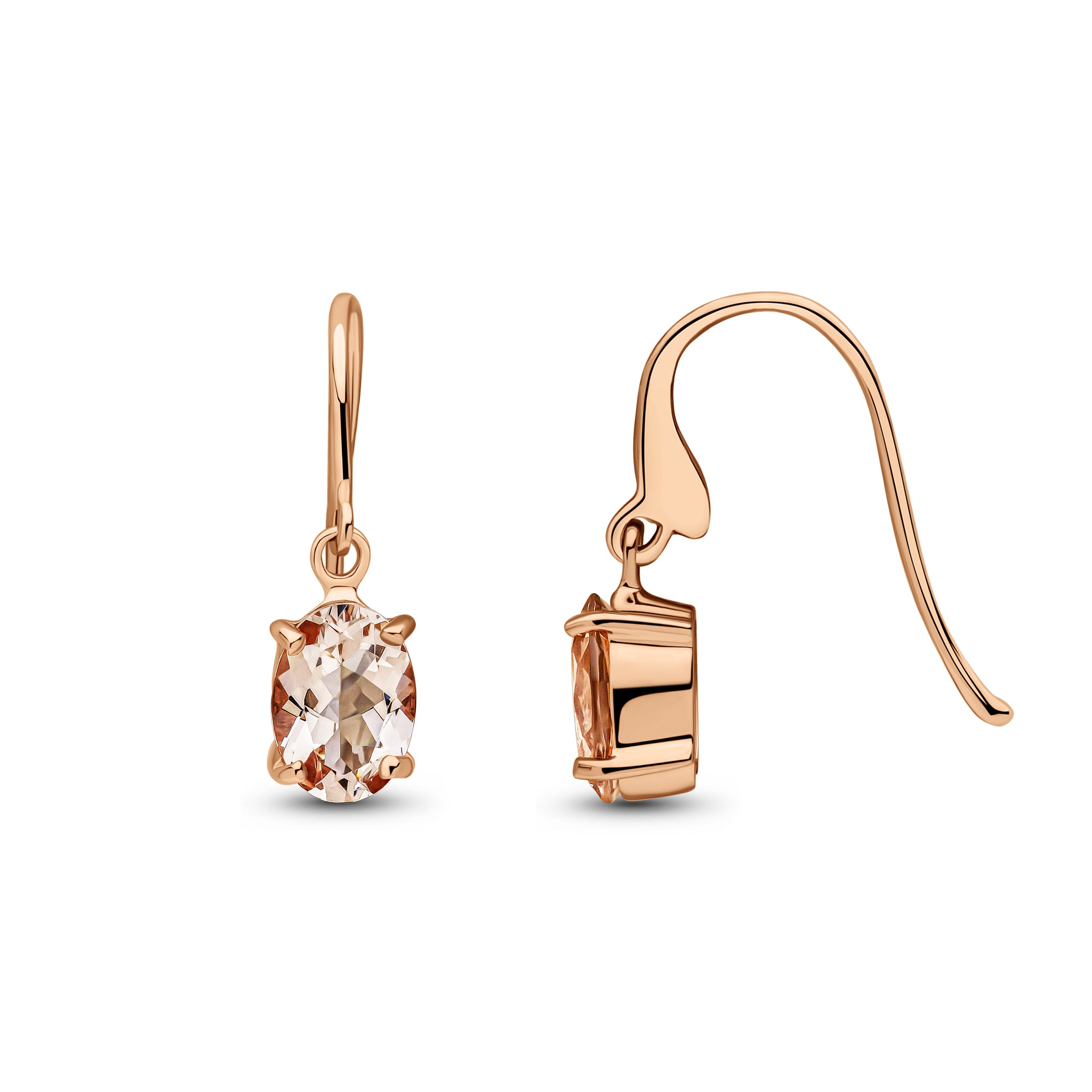 9ct Rose Gold 7x5 Oval Morganite Claw Set Drop Earrings with Hook Wire Fitting