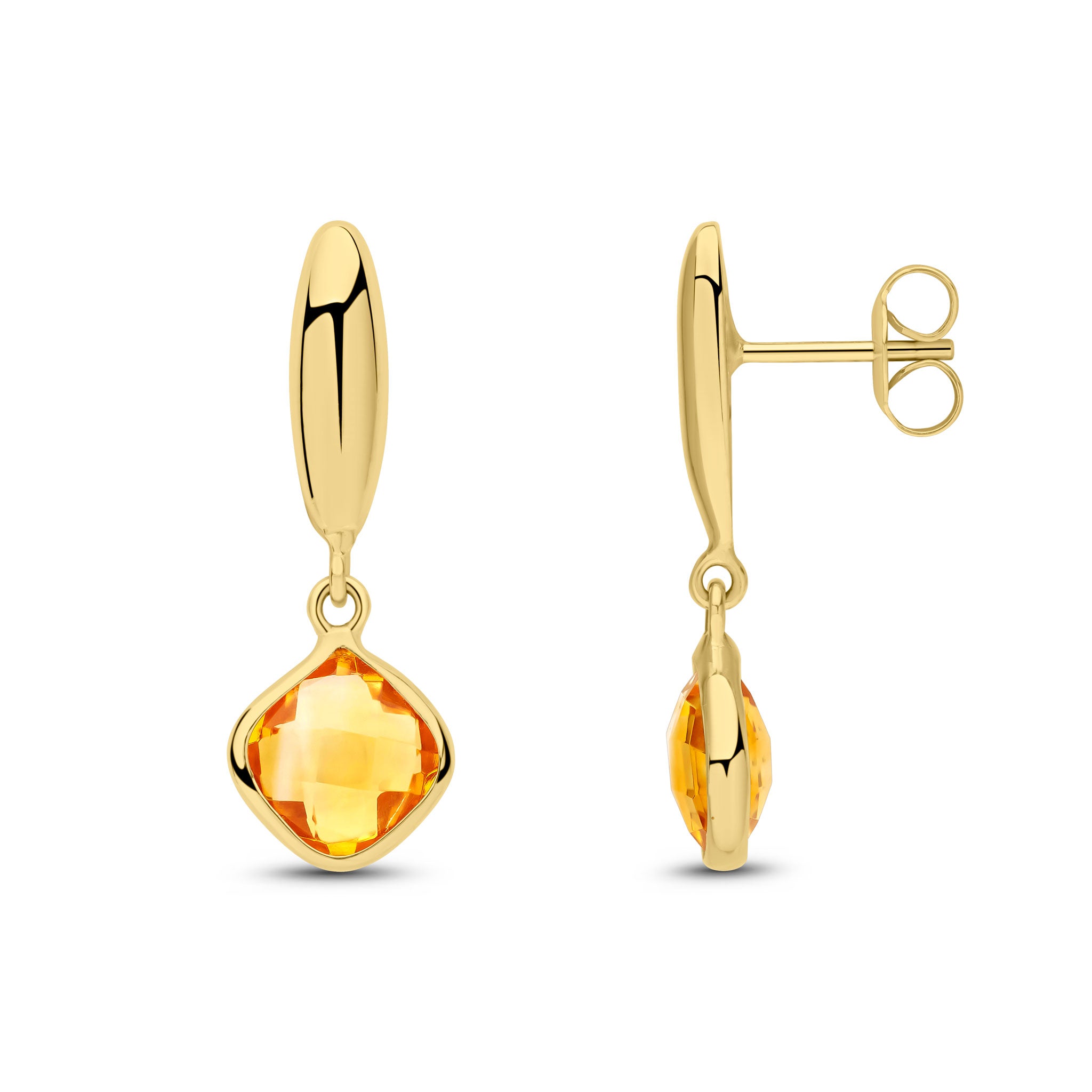 9ct Yellow Gold Checkerboard Cushion Citrine and Polished Torpedo Top Drop Earrings