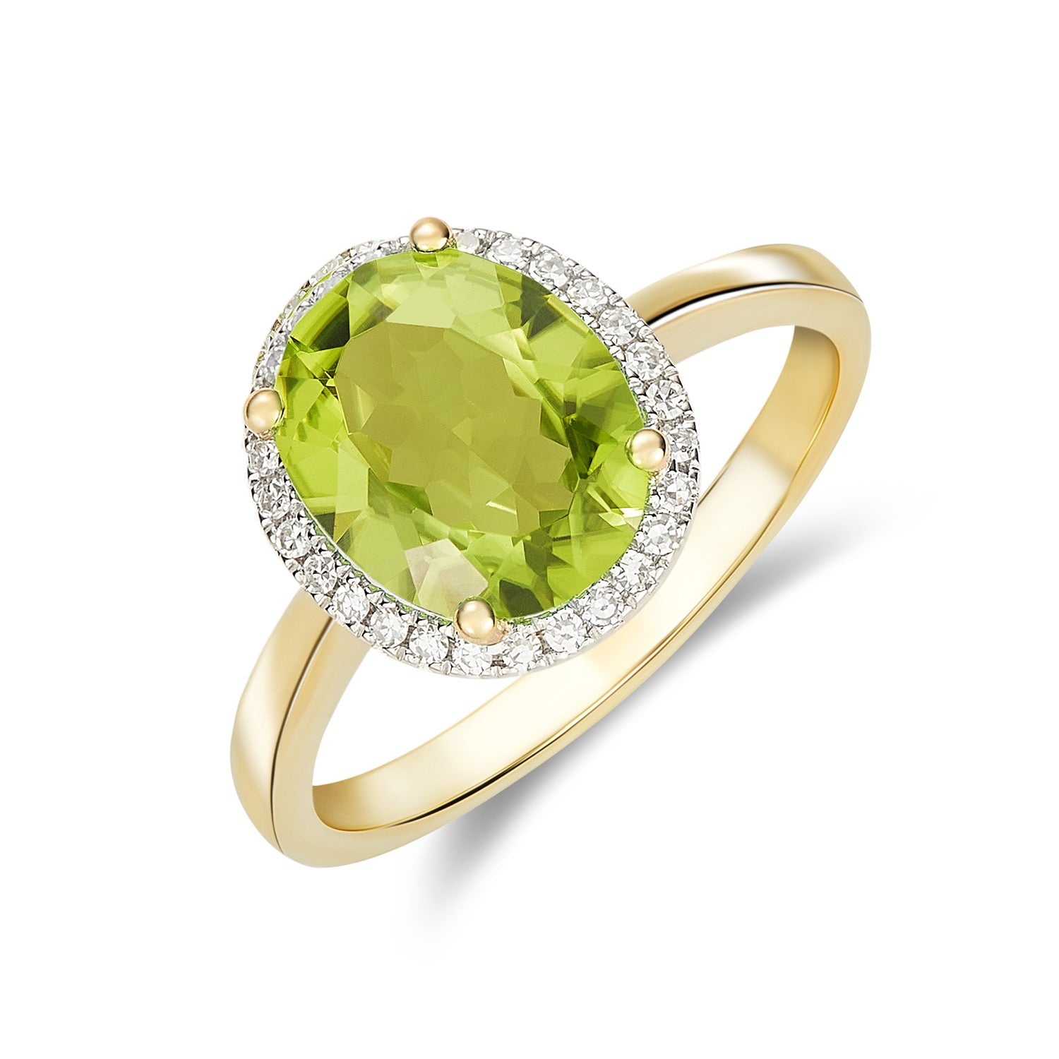 9CT YG 10X8 OVAL PERIDOT AND DIAMOND CLAW SET CLUSTER RING. RHODIUM TO DIAMONDS 1