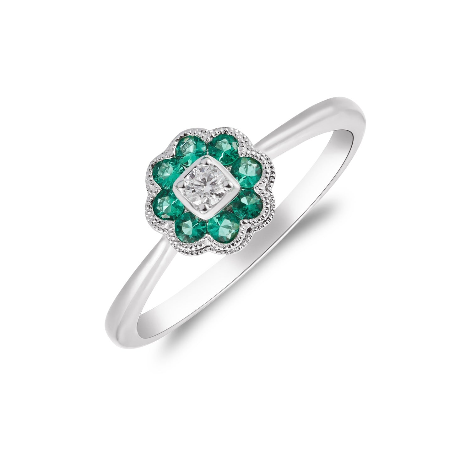 18ct White Gold Round Emerald & Diamond Milgrain Edge Cluster Ring