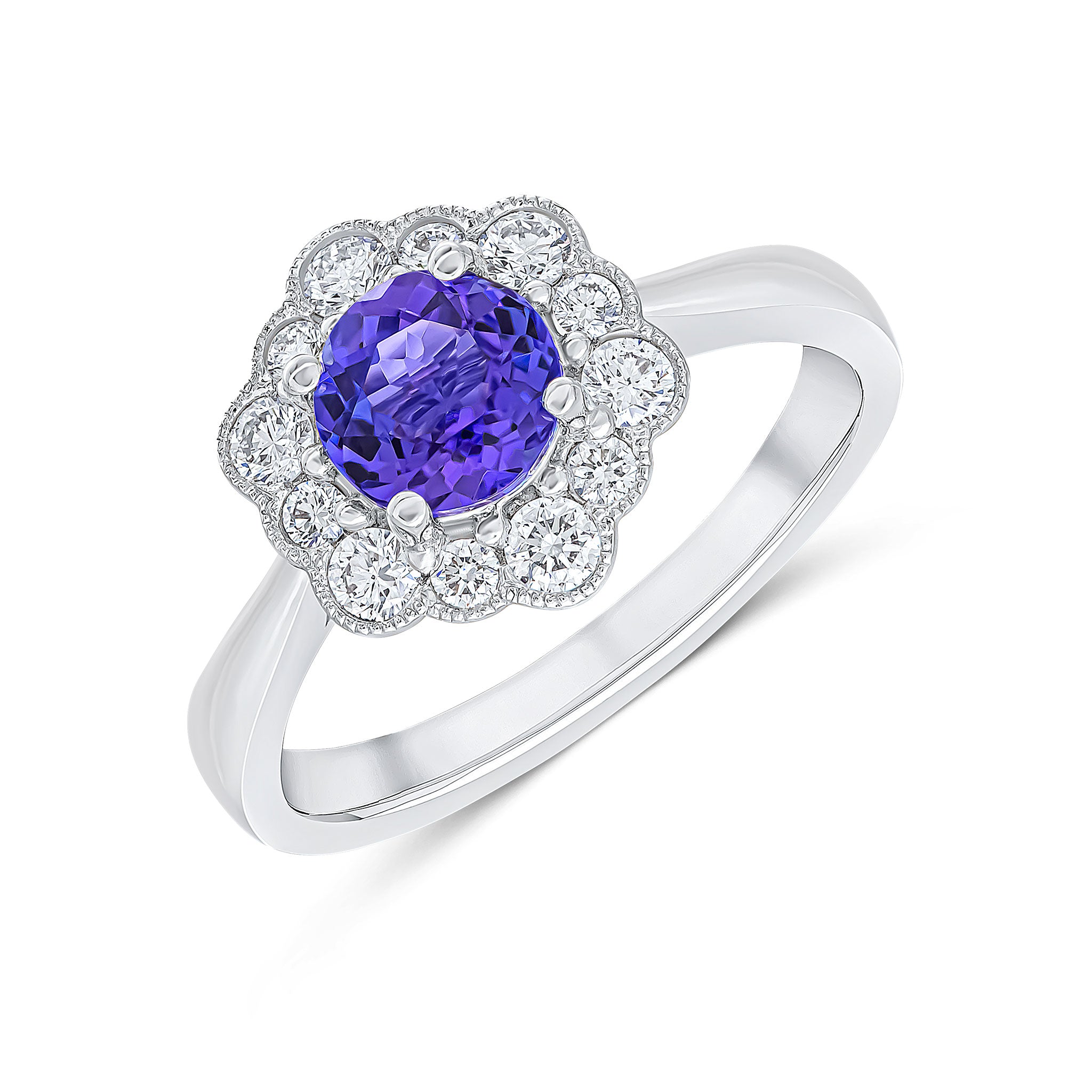 18ct White Gold Claw Set Round Tanzanite and Milgrain Round Diamond Cluster Ring