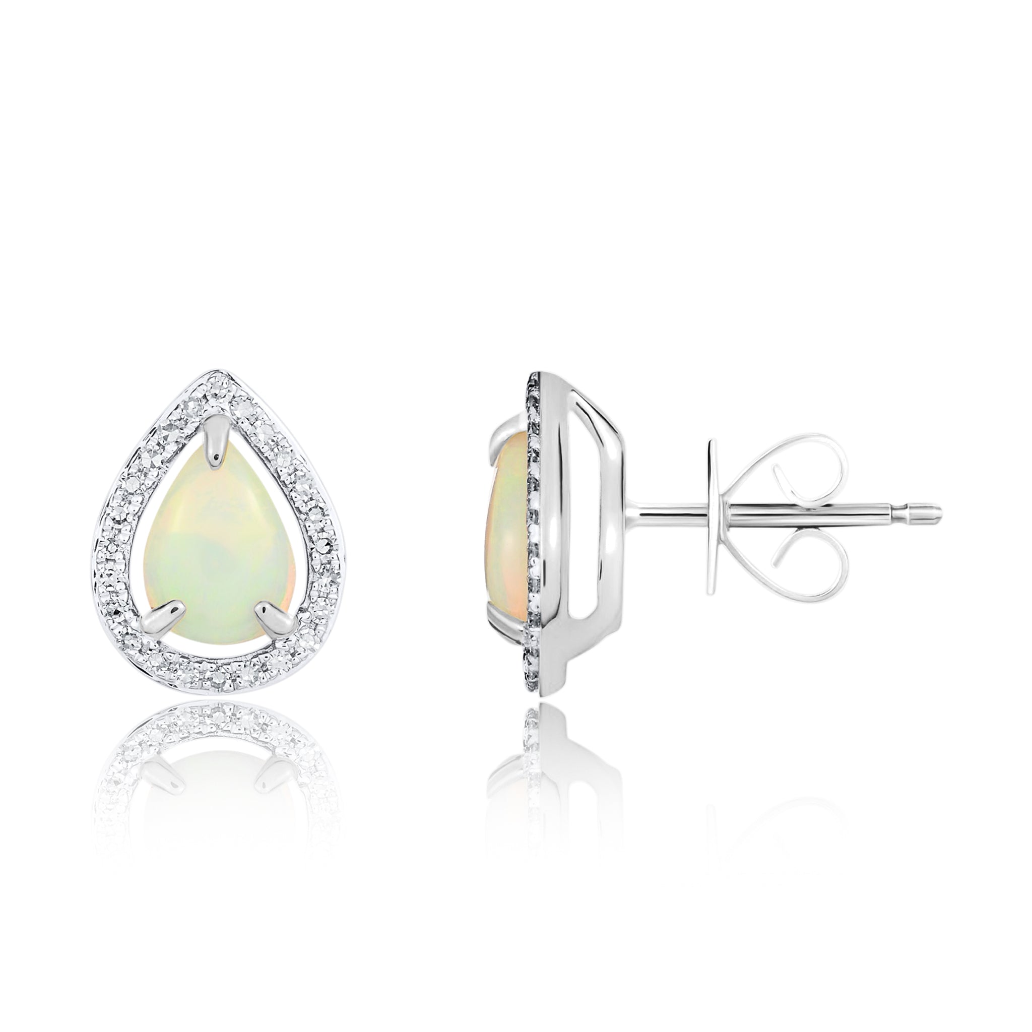 9ct White Gold 7x5 Pear Shape Opal & Diamond Halo Cluster Earrings