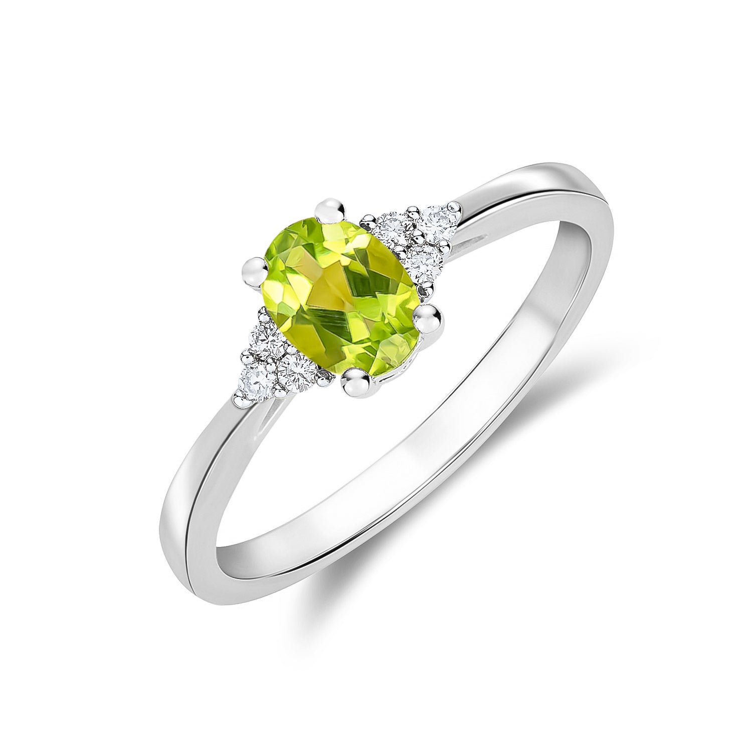 9CT WG 7X5 OVAL PERIDOT & DIAMOND TREFOIL SHOULDERS RING 1