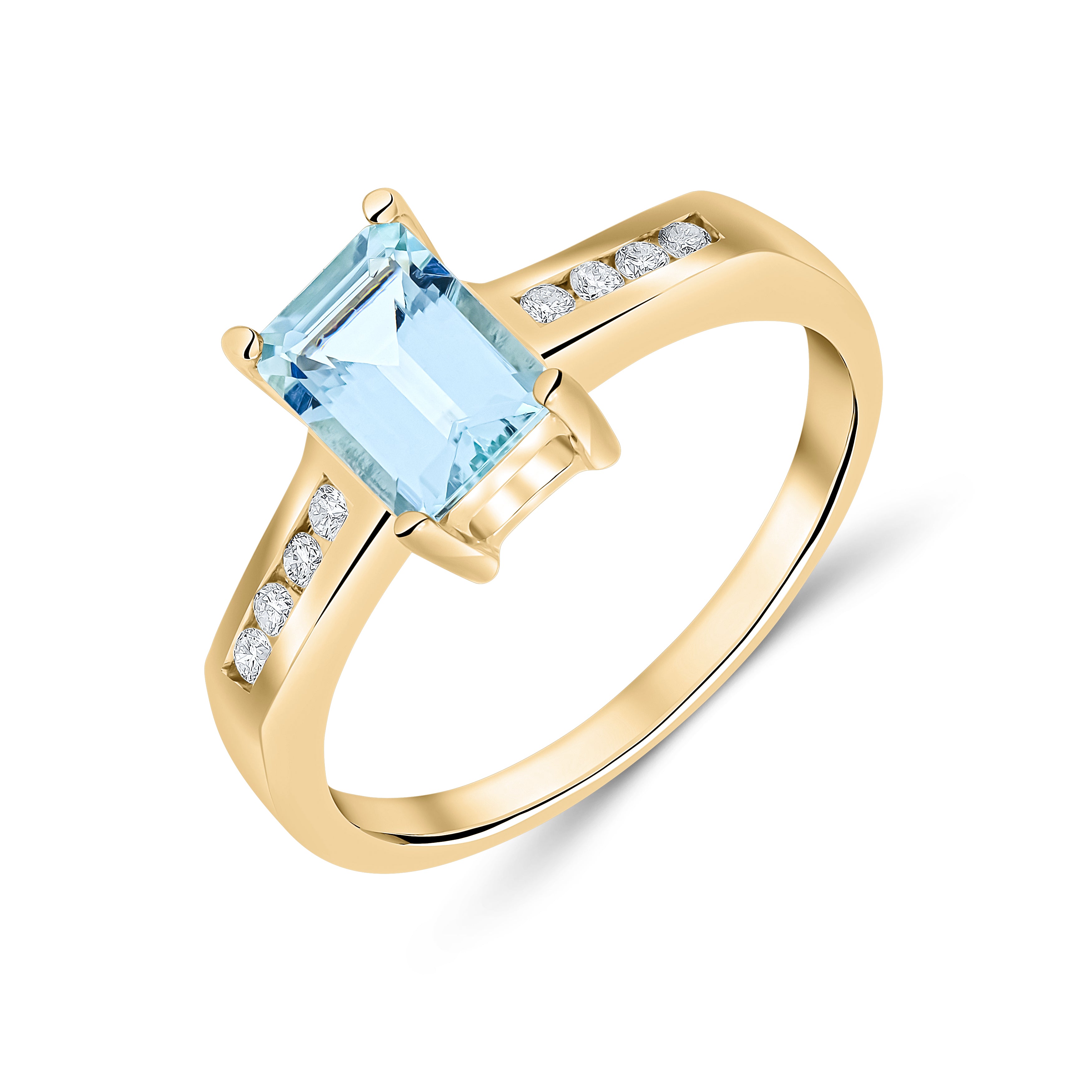 9ct Yellow Gold 7x5 Octagon Aquamarine Claw Set Single Stone Ring with Channel Set Diamond Shoulders