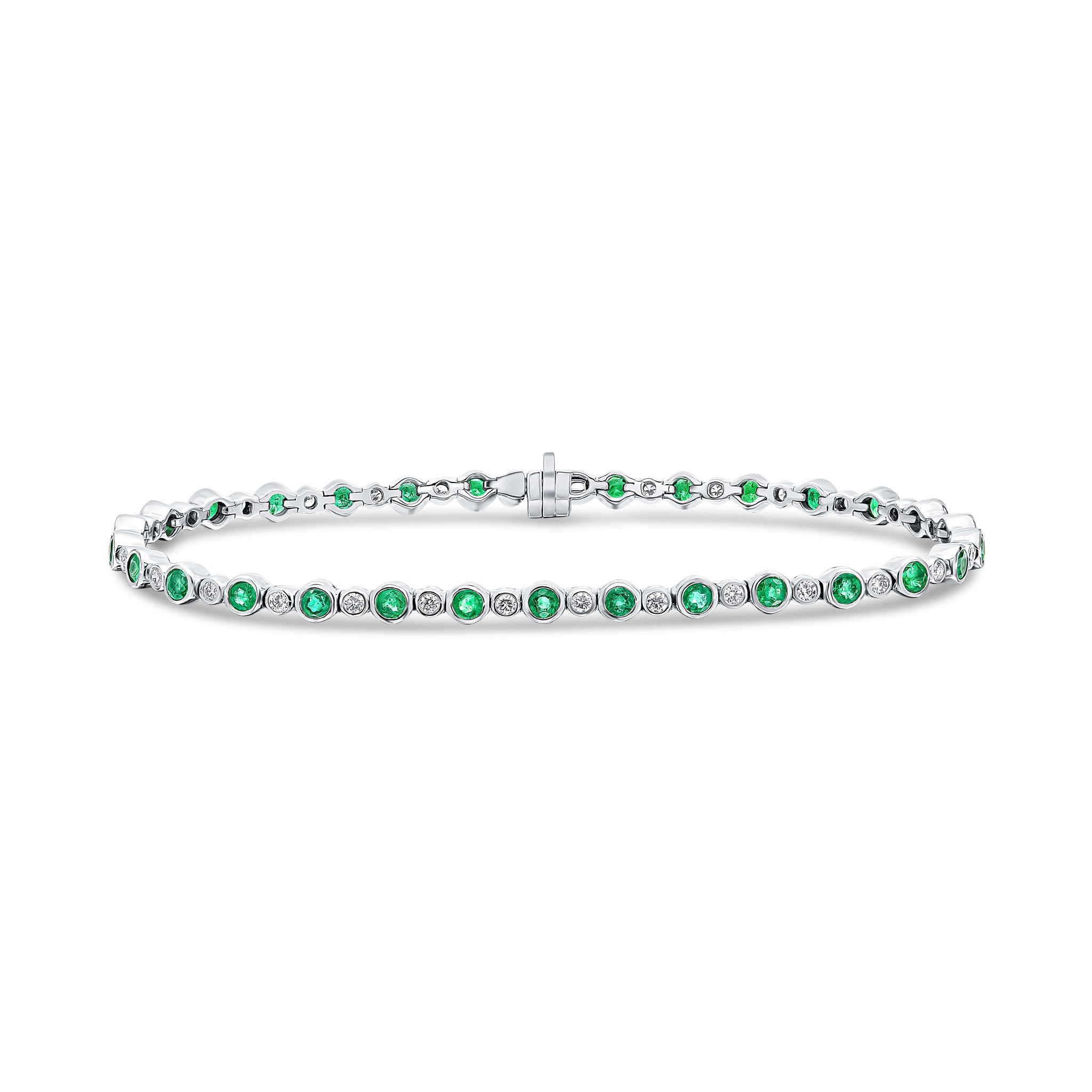 18ct White Gold Round Emerald & Diamond Rubover Line Bracelet