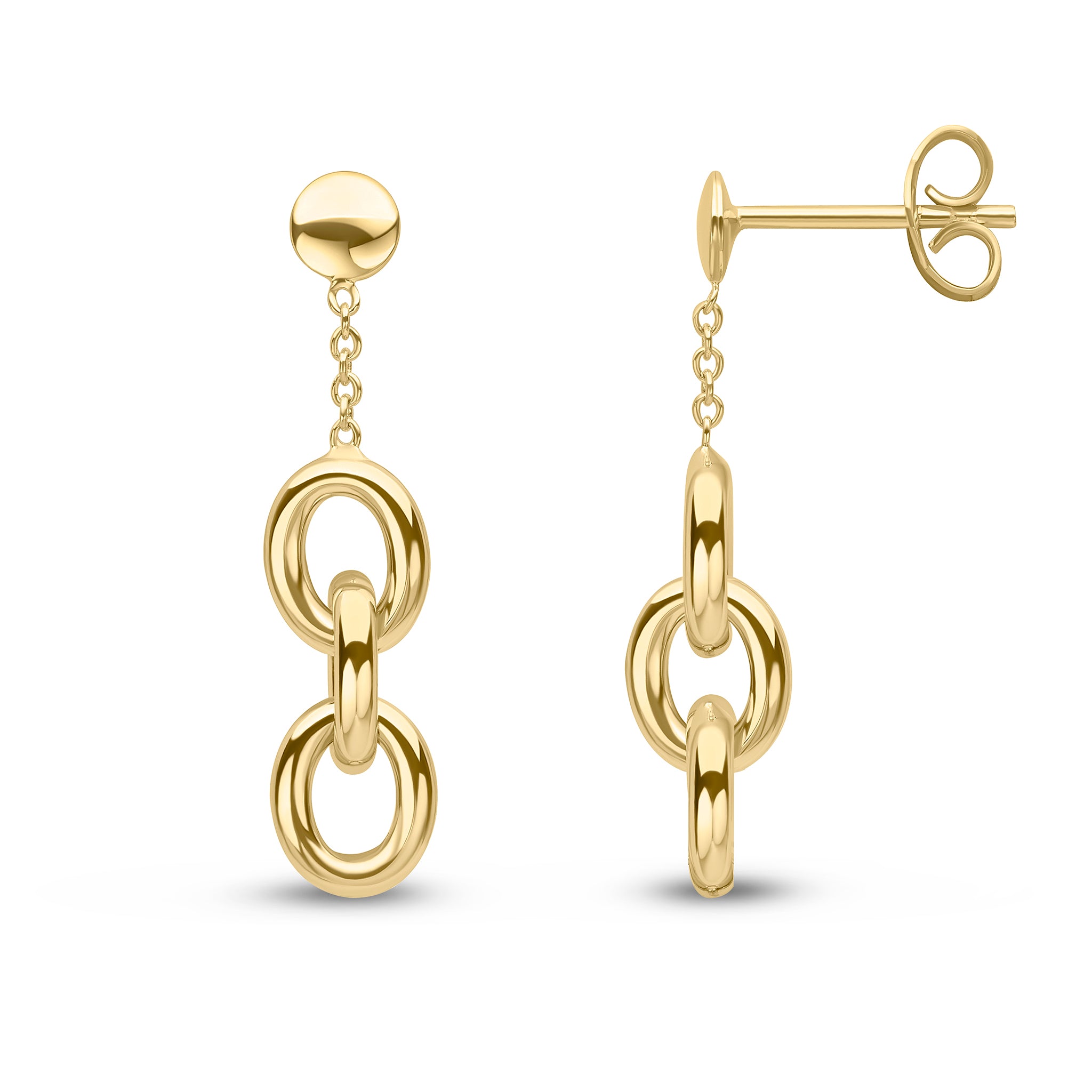 9ct Yellow Gold Oval Links & Chain Drop Earrings with Flat Disc Top