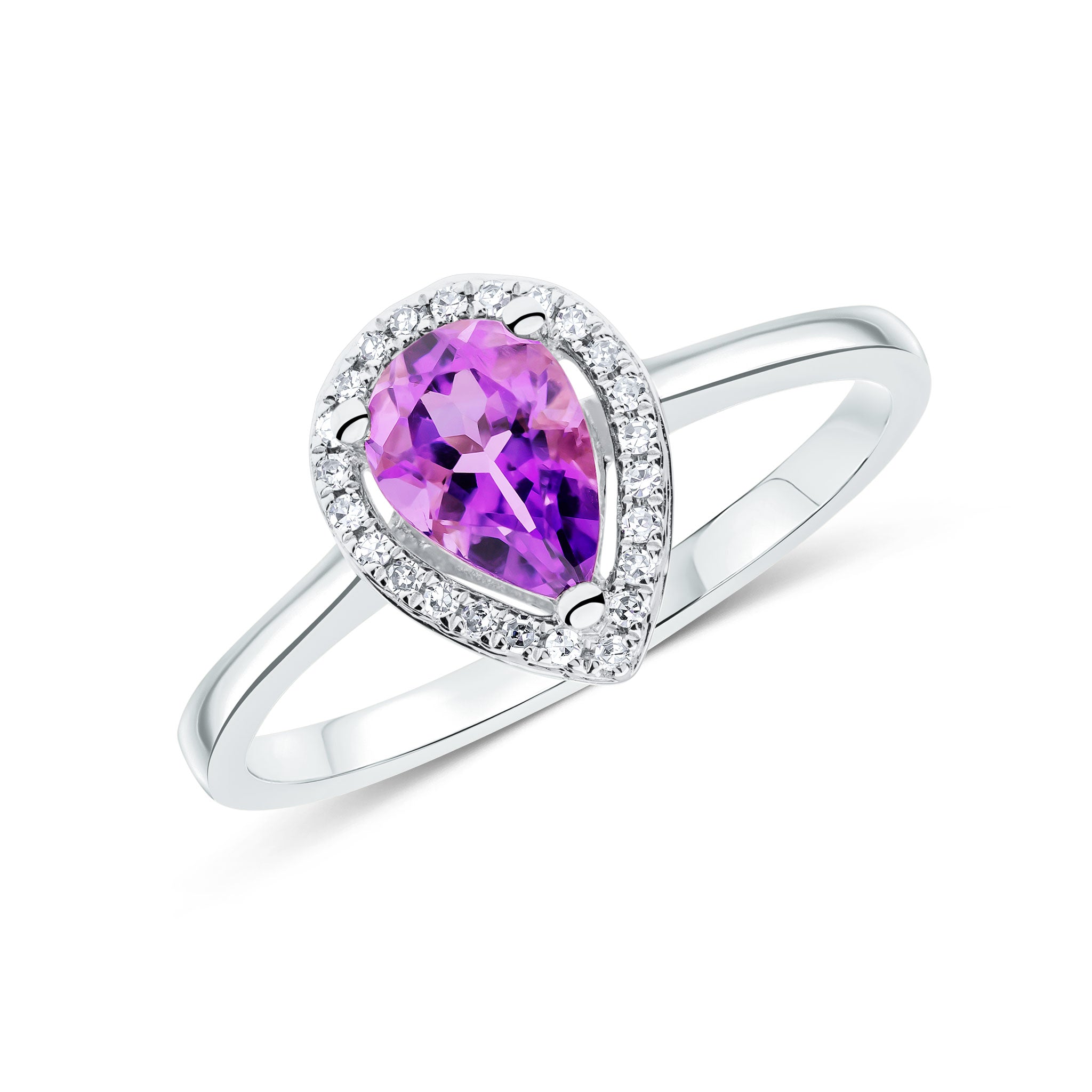 9ct White Gold 7x5 Pear Shape Amethyst & Round Diamond Claw Set Halo Cluster Ring