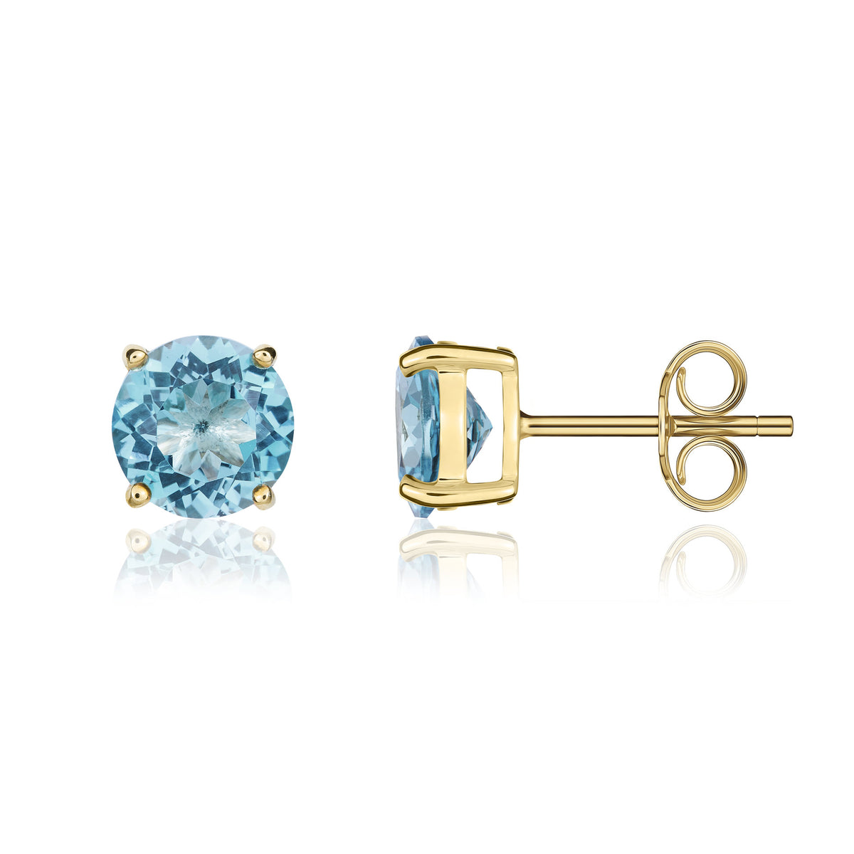 9ct Yellow Gold Round Swiss Blue Topaz Claw Stud Earrings