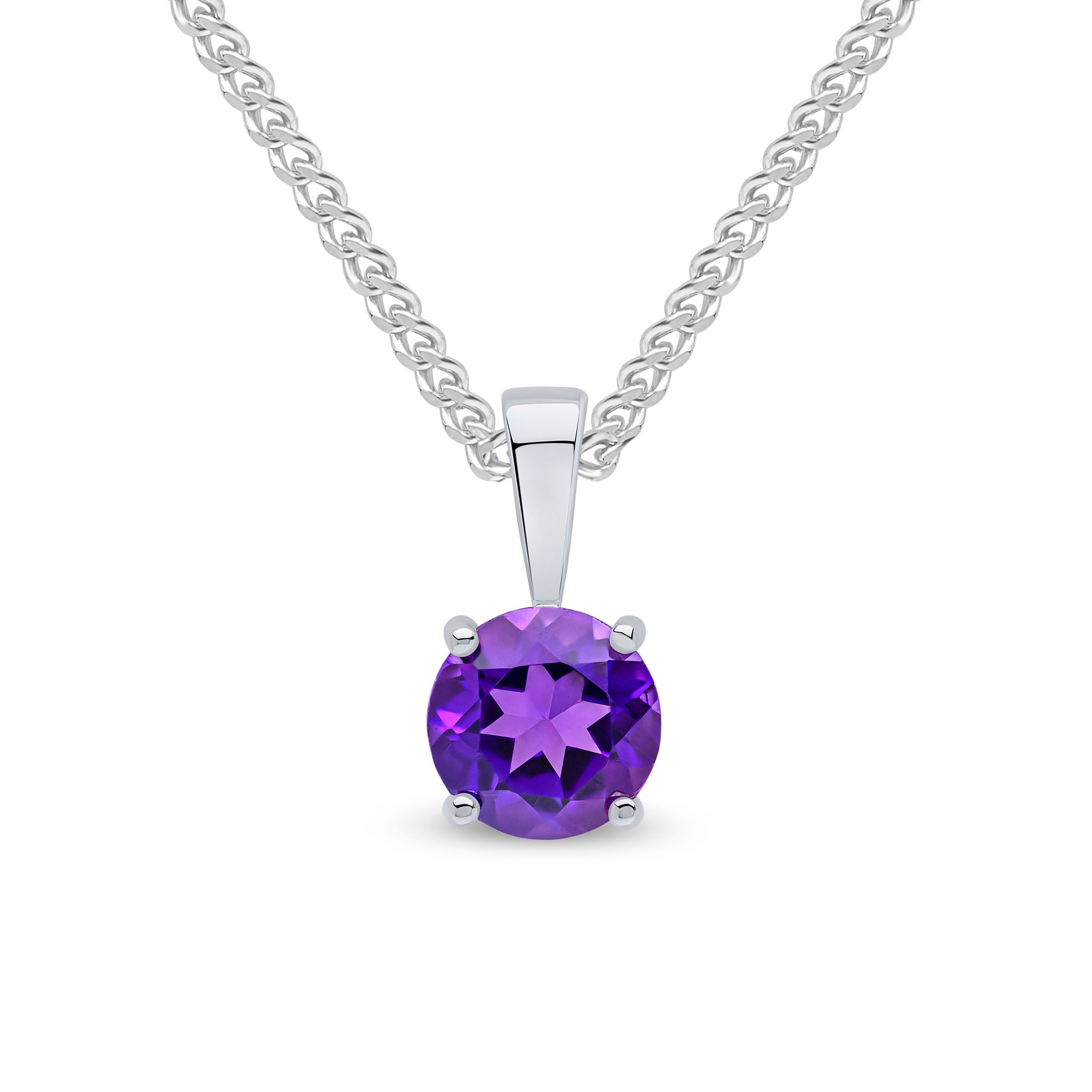 9ct White Gold 6mm Round Amethyst 4 Claw Pendant