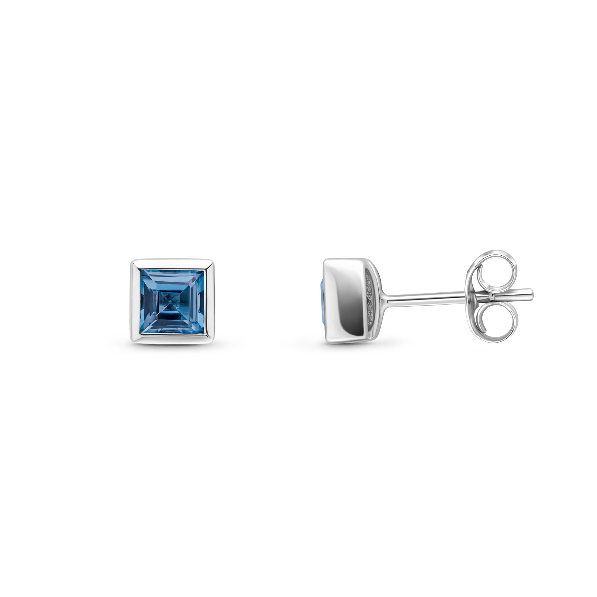 9ct White Gold 3mm Square London Blue Topaz Rubover Set Earrings
