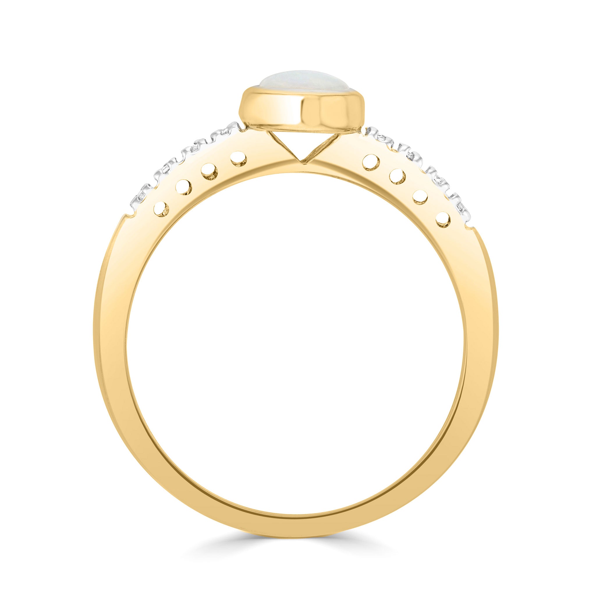 9CT YG RUBOVER 7X5 OVAL OPAL SINGLE STONE RING WITH CLAW SET DIAMOND SHOULDERS. RHODIUM TO DIAMONDS 1