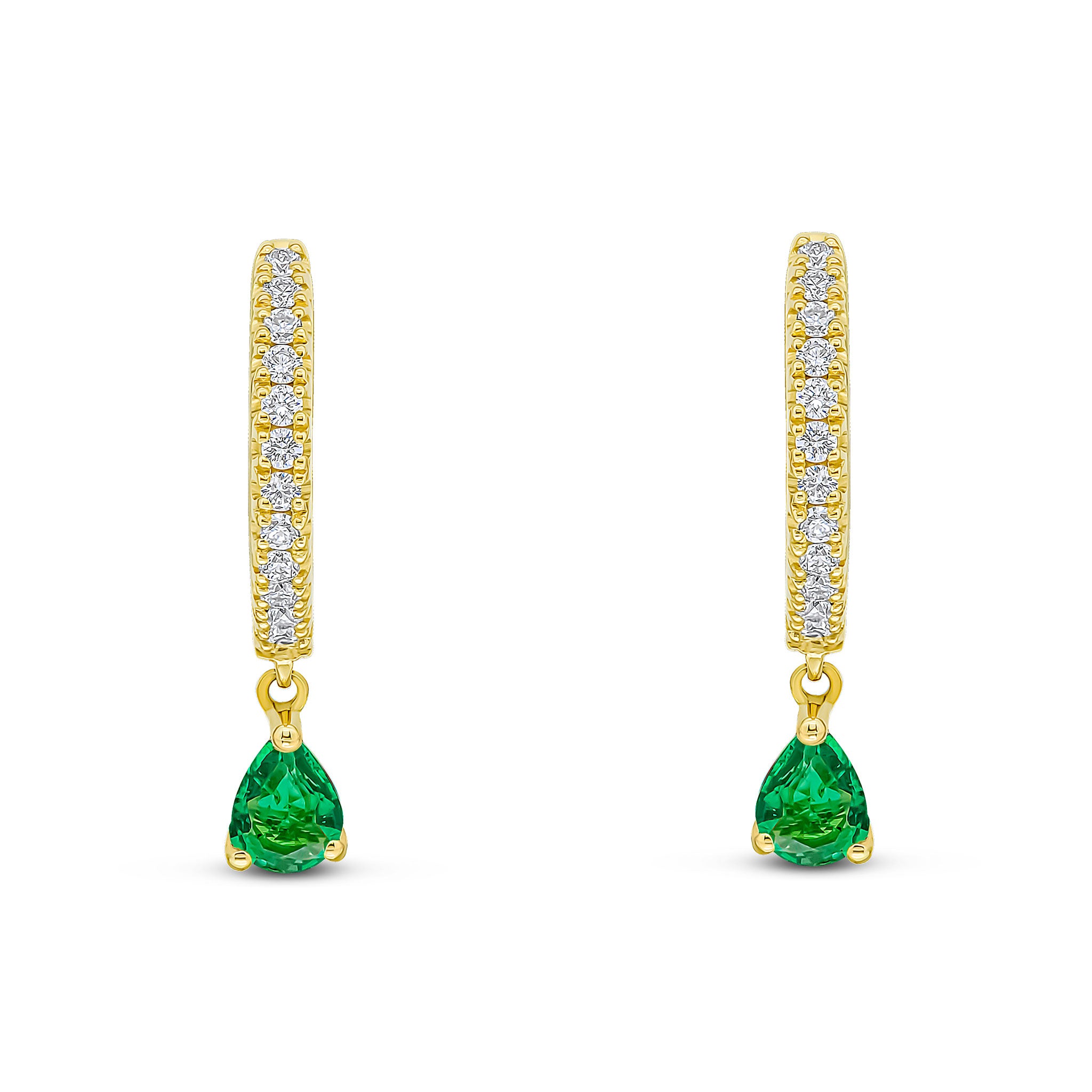 18ct Yellow Gold Claw Set Diamond Hoop Earrings with Pear Shape Emerald Drop