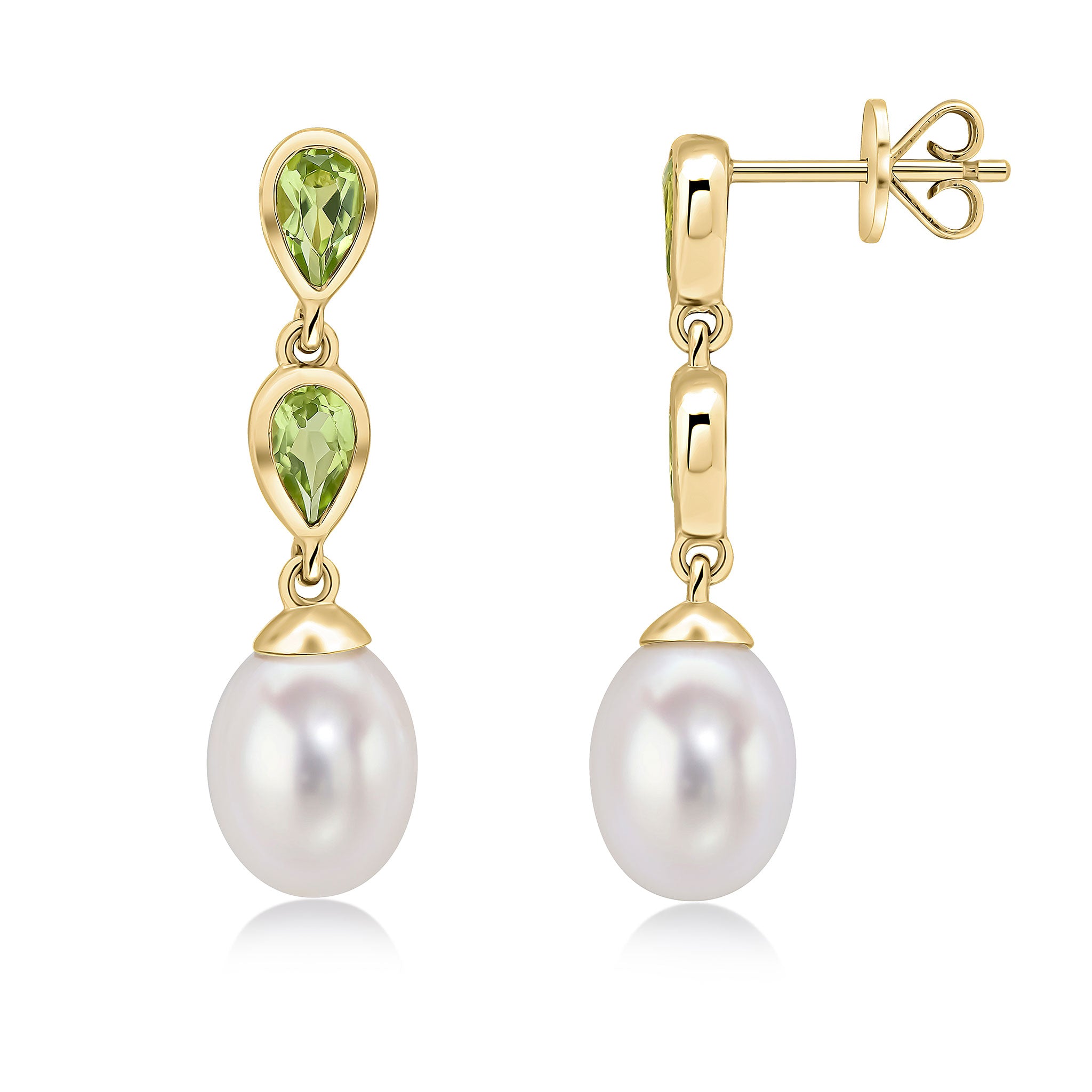 9ct Yellow Gold Pearl & Double Pear Shape Peridot Drop Earrings