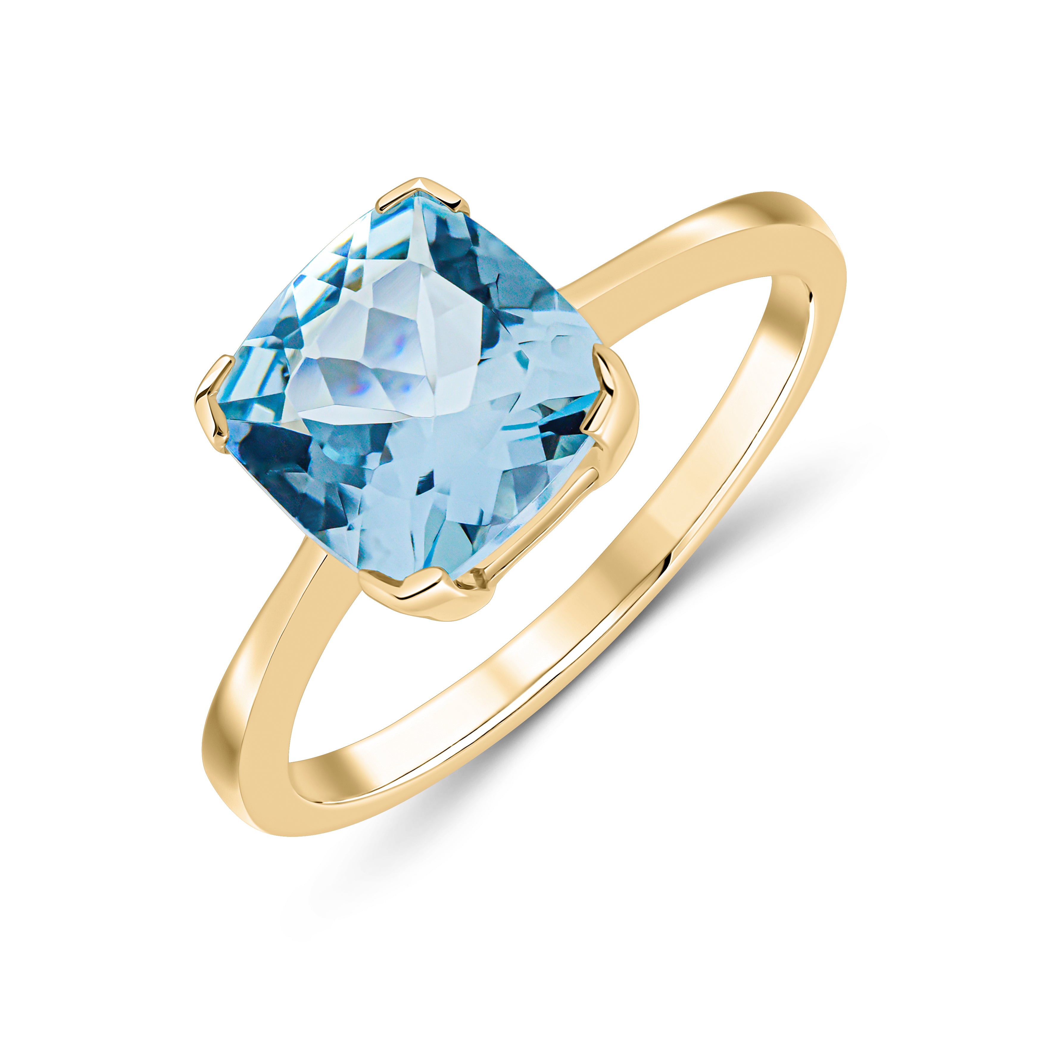 9ct Yellow Gold 8mm Cushion Aquamarine Claw Set Single Stone Ring