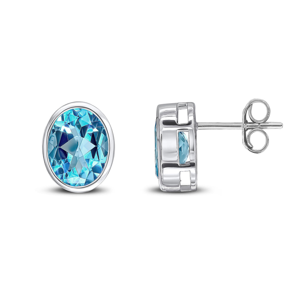 9ct White Gold 9x7 Oval Swiss Blue Topaz Rubover Earrings