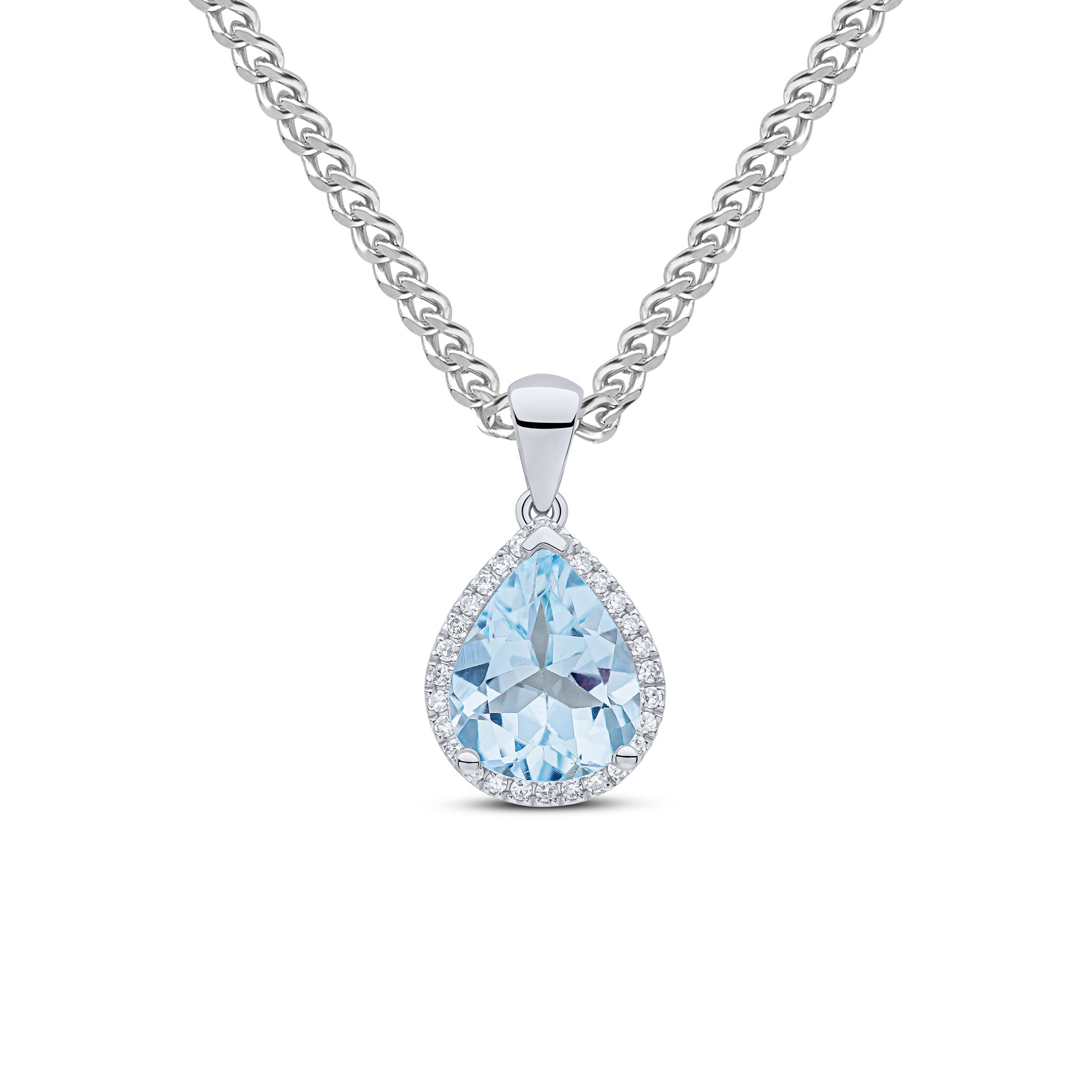 9ct White Gold 10x8 Pear Shape Aquamarine & Diamond Cluster Pendant
