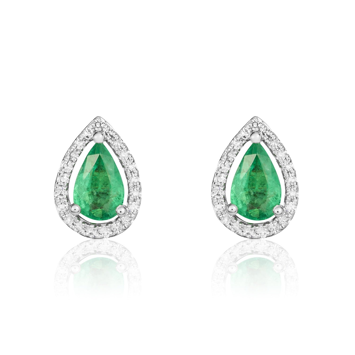 9ct White Gold 6x4 Pear Shape Emerald & Diamond Halo Cluster Earrings
