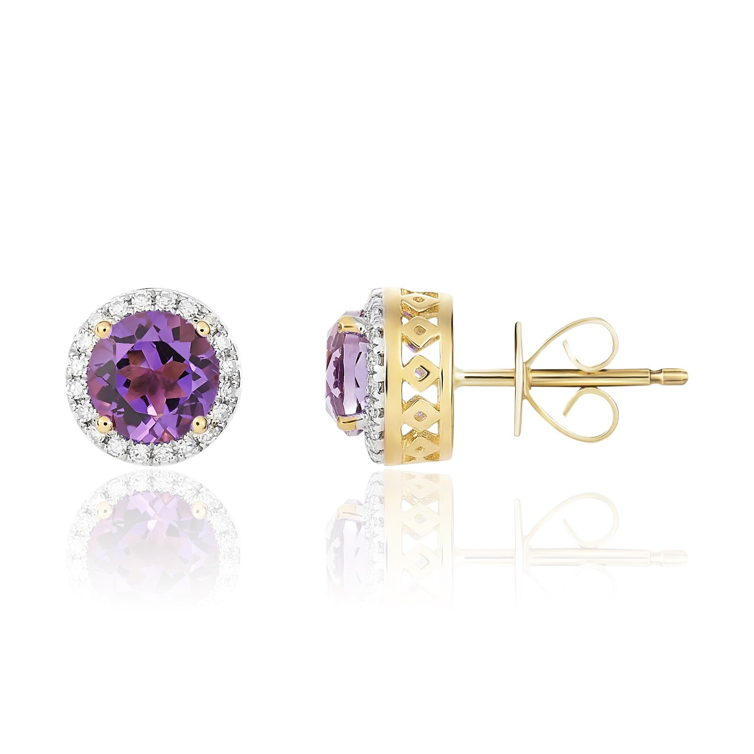 9ct Yellow Gold Round Amethyst & Diamond Cluster Earrings