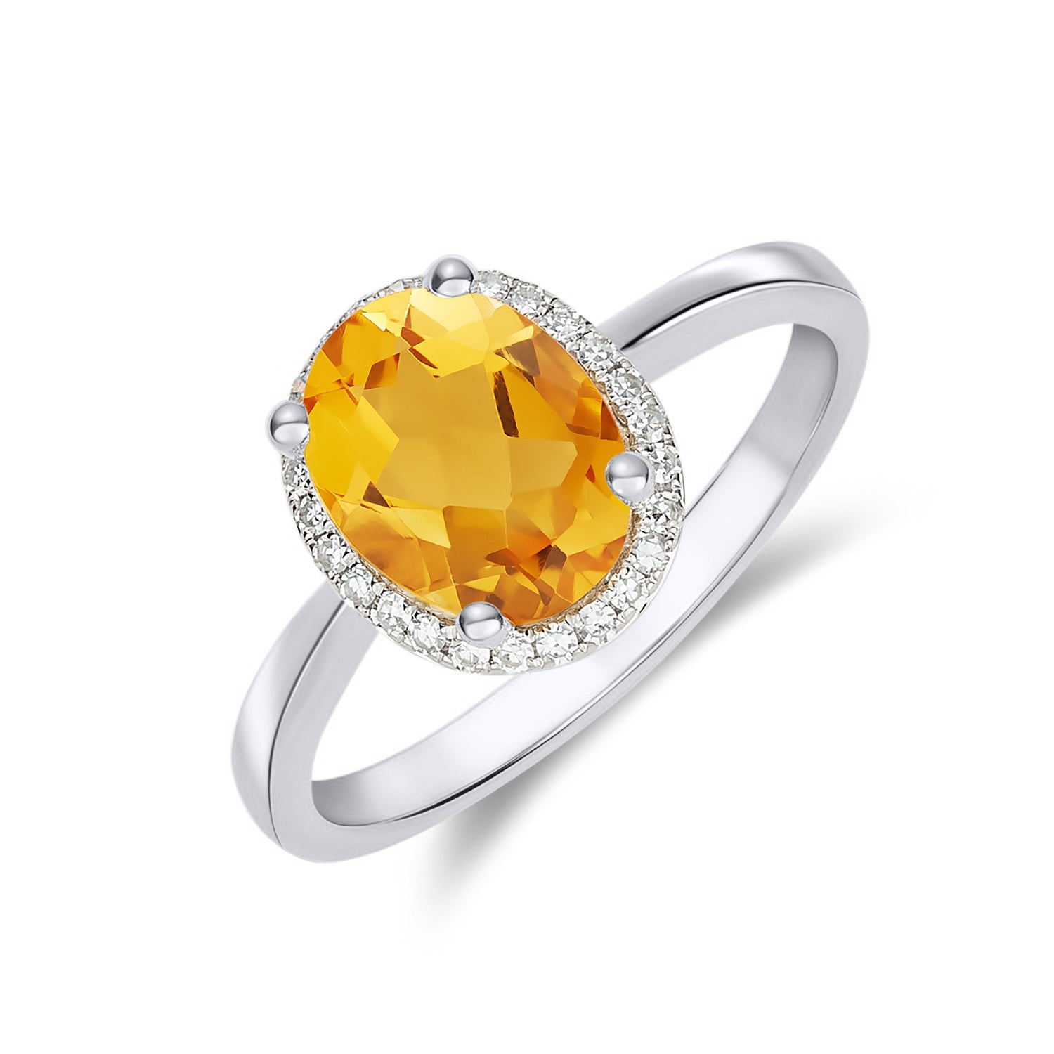 9ct White Gold 9x7 Oval Citrine and Diamond Claw Set Cluster Ring
