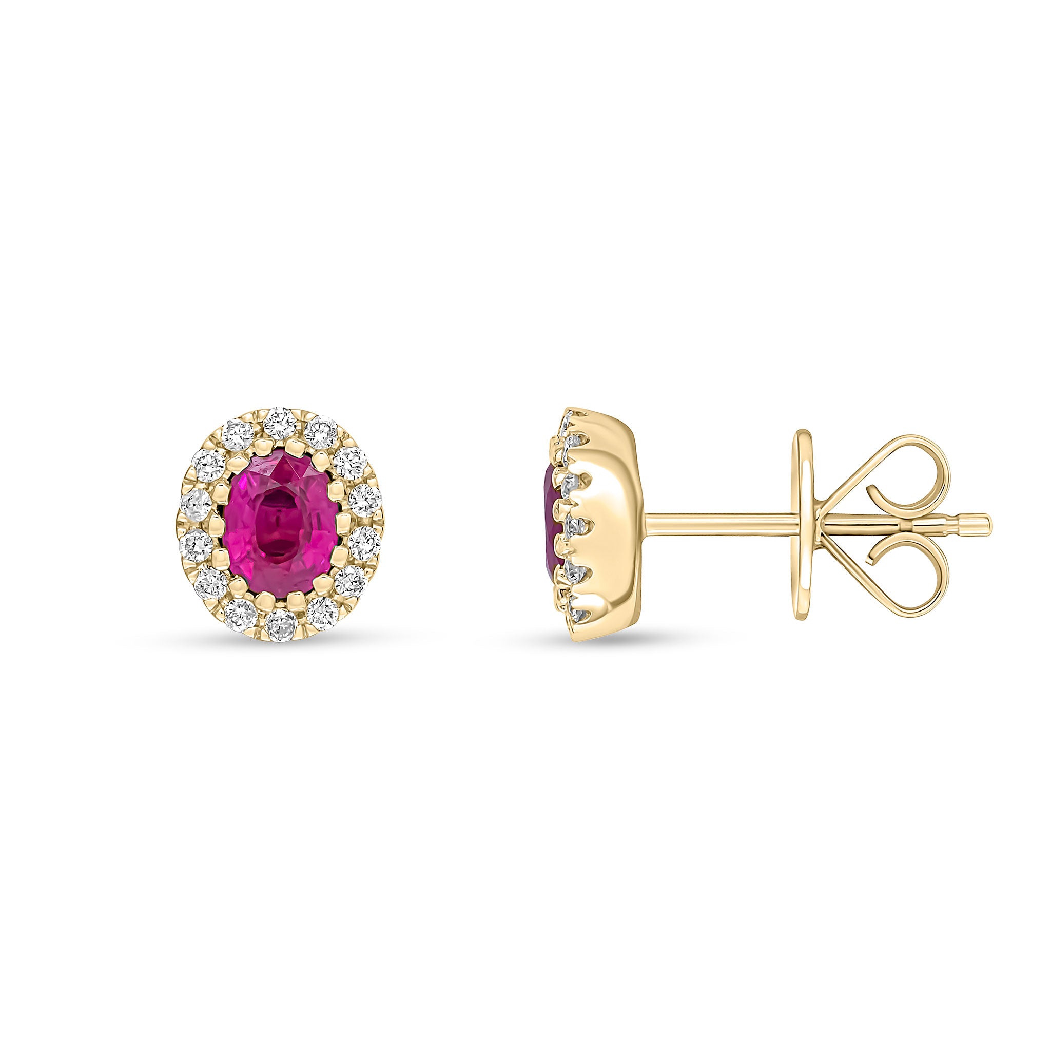 18ct Yellow Gold 5x4 Oval Ruby and Round Diamond Claw Cluster Earrings